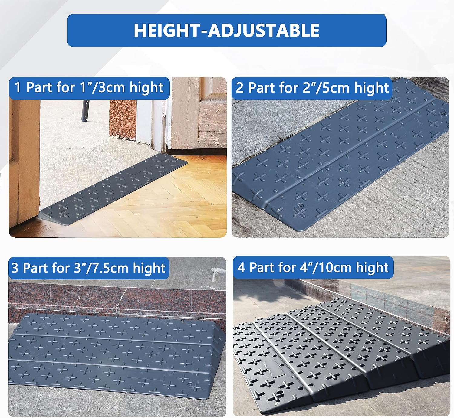 4-Part Portable Wheelchair Ramp, 1/2/3/4 Inch Height-Adjustable Disabled Ramp,Non-Slip,Threshold Ramp for Home, Steps, Wheelchairs & Scooters(4 inch)