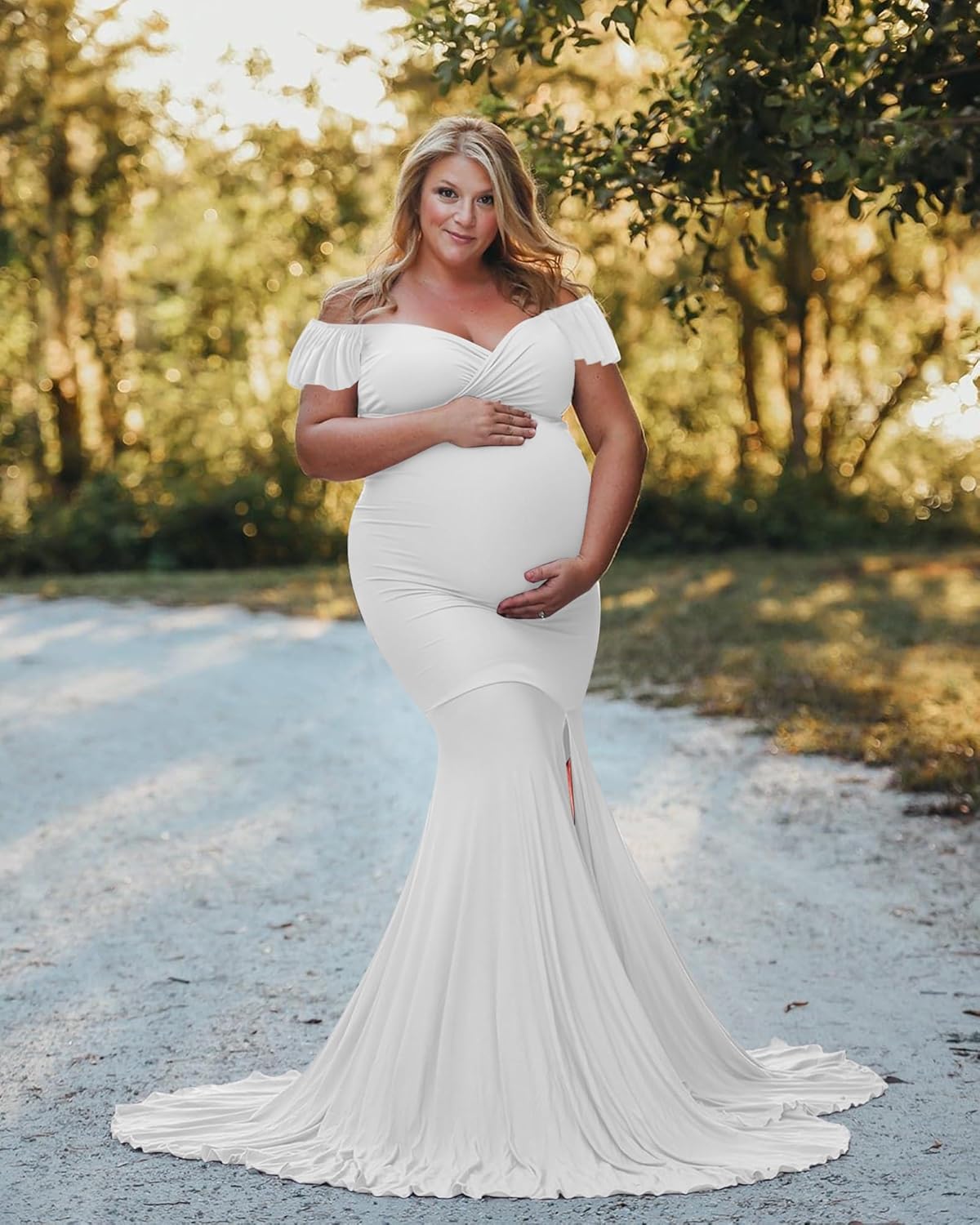 Saslax Off Shoulder Ruffle Sleeves Elegant Fitted Maxi Maternity Dress for Photoshoot Baby Shower - Image 3