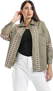 جاكيت جينز مطرز، اخضر زيتوني مع نمط هندسي، ازرار امامية - 3724