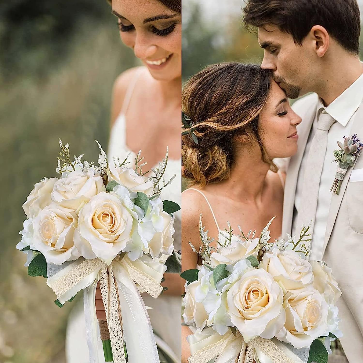 Bouquet de Fleurs avec Support W de 20 cm, Bouquet de mariée avec Roses artificielles Champagne, Bouquet de Demoiselles d'honneur, cérémonie d'anniversaire, Mariage