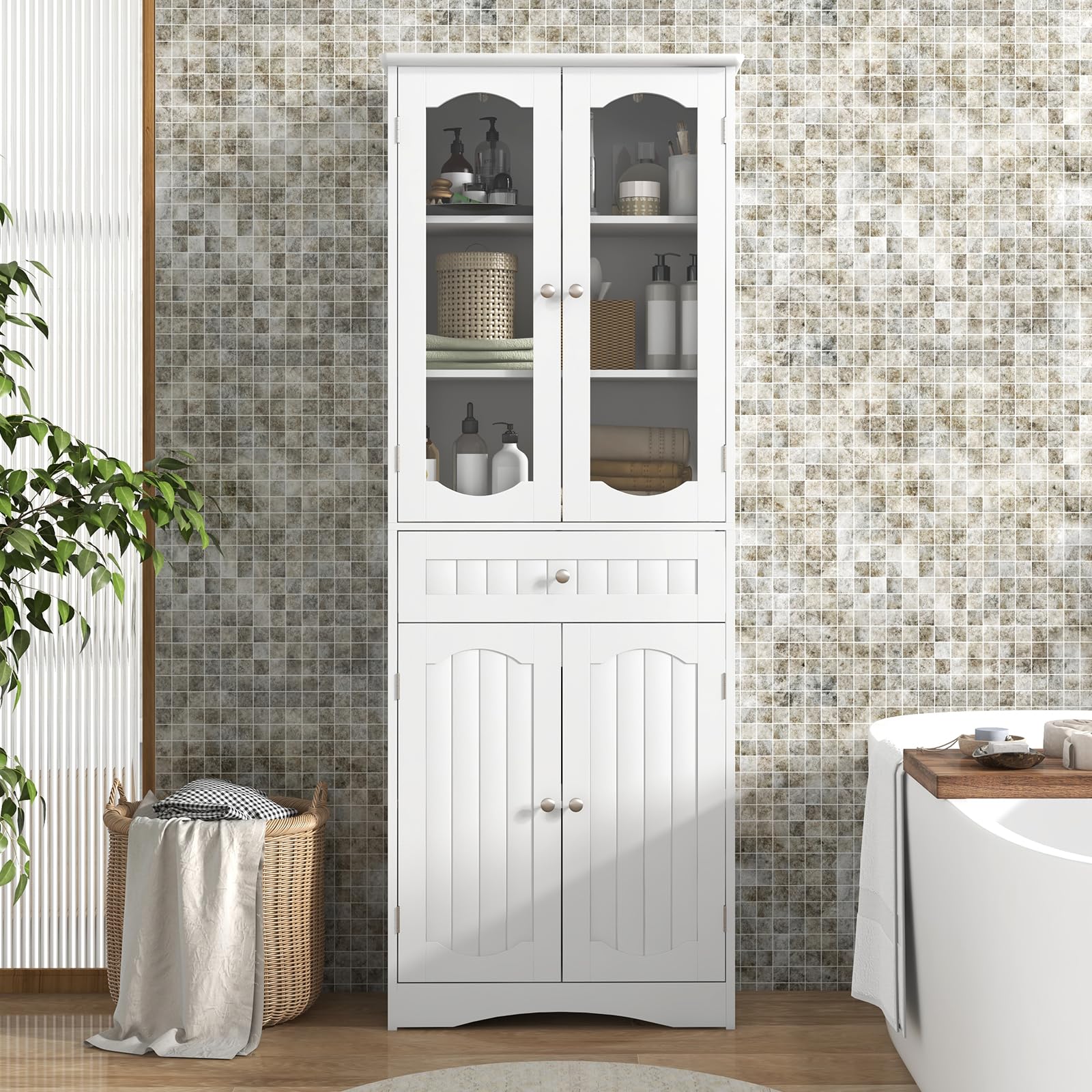 COSTWAY Armario Alto, Mueble Columna de Baño Independiente con 4 Puertas, Gabinete con 5 Estantes y 1 Cajón de Almacenamiento, Armario de Suelo para Cocina o Sala de Estar, Comedor, Oficina (Blanco)