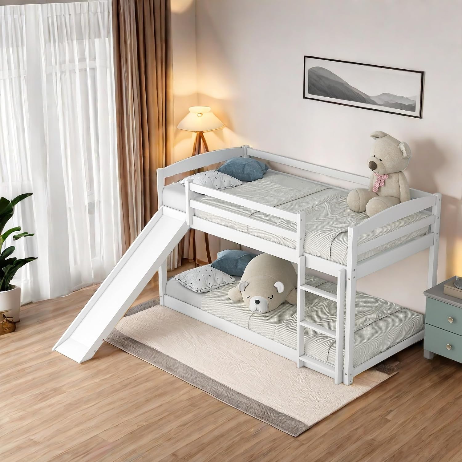 SOFTSEA Twin Over Twin Low Bunk Bed with Slide, Modern Wood Floor Bunk Beds with Slide for Girls Kids, Wood Slats Support, Playhouse Design