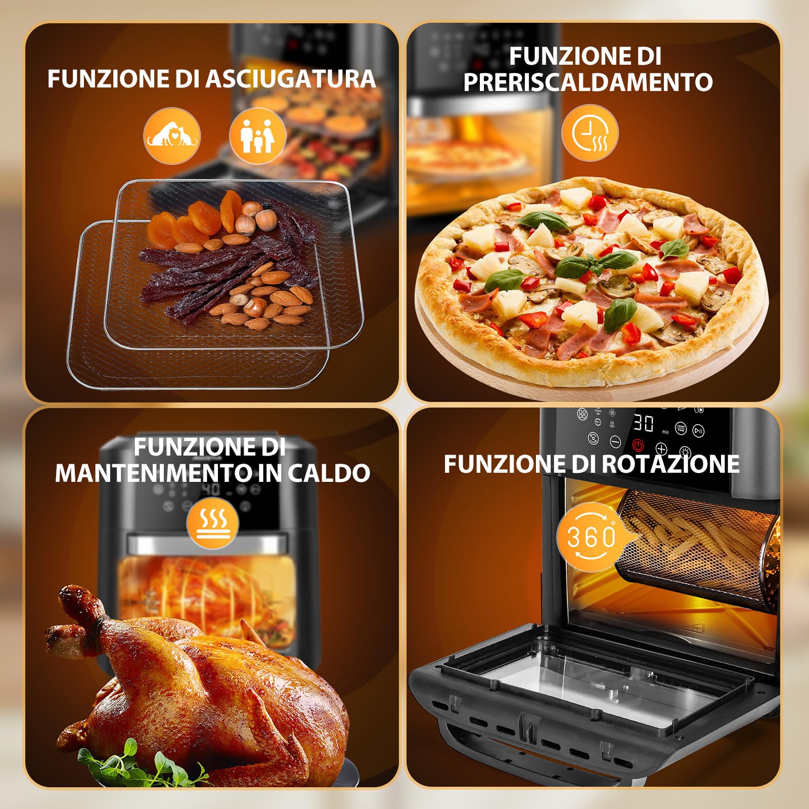 Aigostar Owen - Friggitrice ad aria da 12 litri, Forno ad aria multifunzione, 1700 W, Touch screen LED, 8 modalità preimpostate, include 7 accessori, sistema rotante, BPA FREE