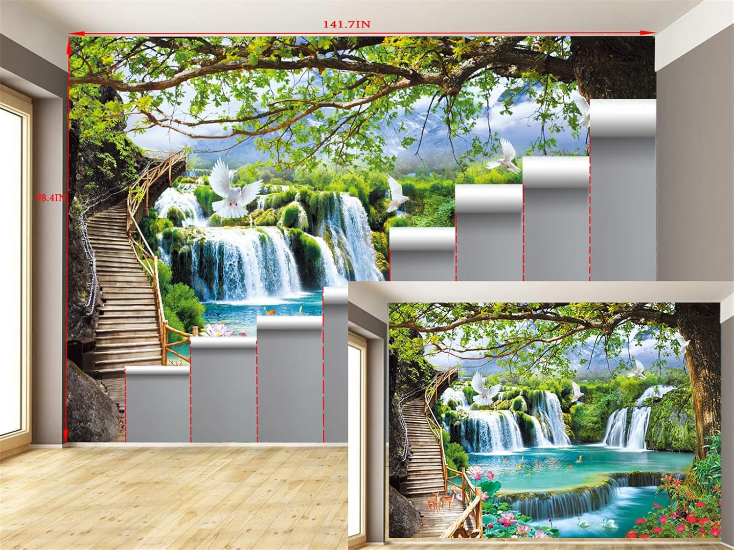 FLFK Waterfall Scenery Vinyl Wall Murals Peel and Stick 141.7"x98.4"-Self-Adhesive Wallpaper Poster Large Sticker Wall Paper for Bedroom Office Art Decor