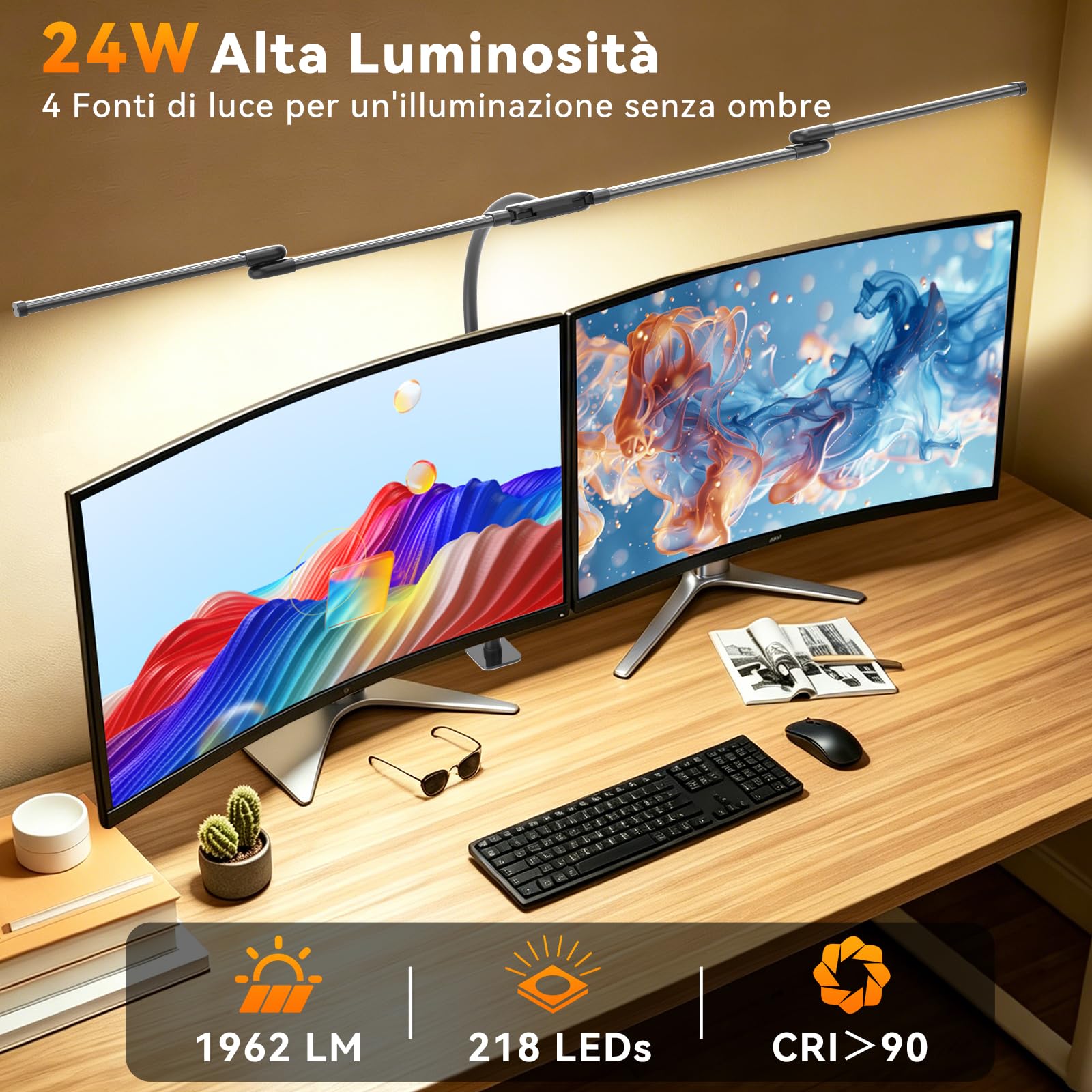 Lampada da Scrivania LED per Ufficio, 118 cm, 4 Barre Luminose, Lampada Scrivania con Morsetto – 24W 1960 lm Lampada da Tavolo a Collo di Cigno, 5 Colori e 10 Luminosità, Luce per Monitor PC