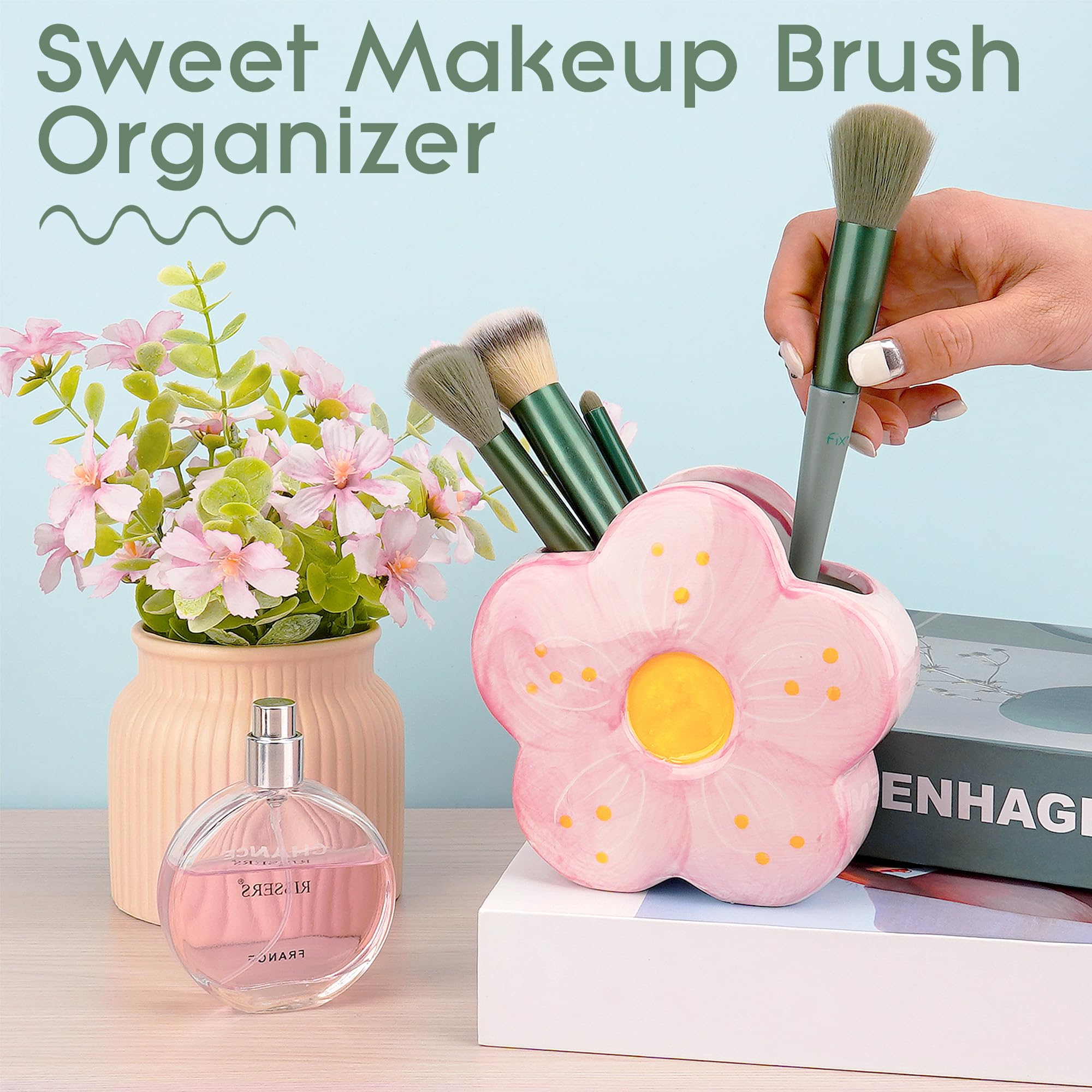 Soporte de cerámica para bolígrafos y pinceles, organizador de escritorio con margaritas para brochas de maquillaje, bolígrafos, suministros de arte, taza organizadora de cerámica para