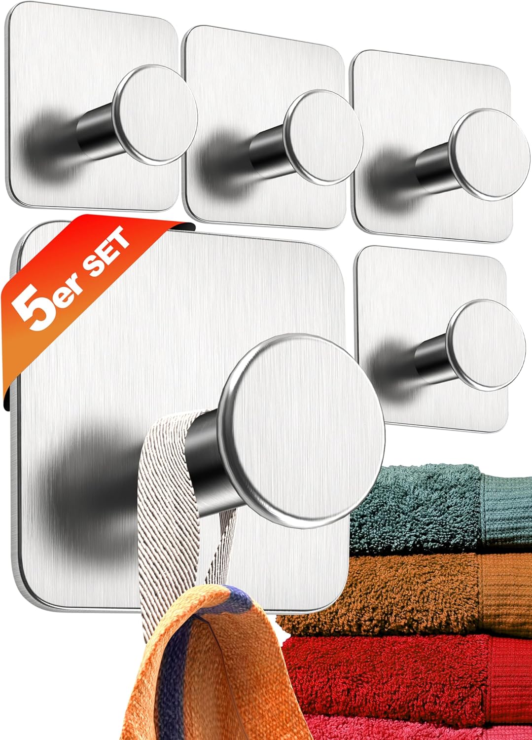 4smile Towel Holder No Drilling Set of 5 Modern Design Towel Hooks Bathroom Stainless Steel ...