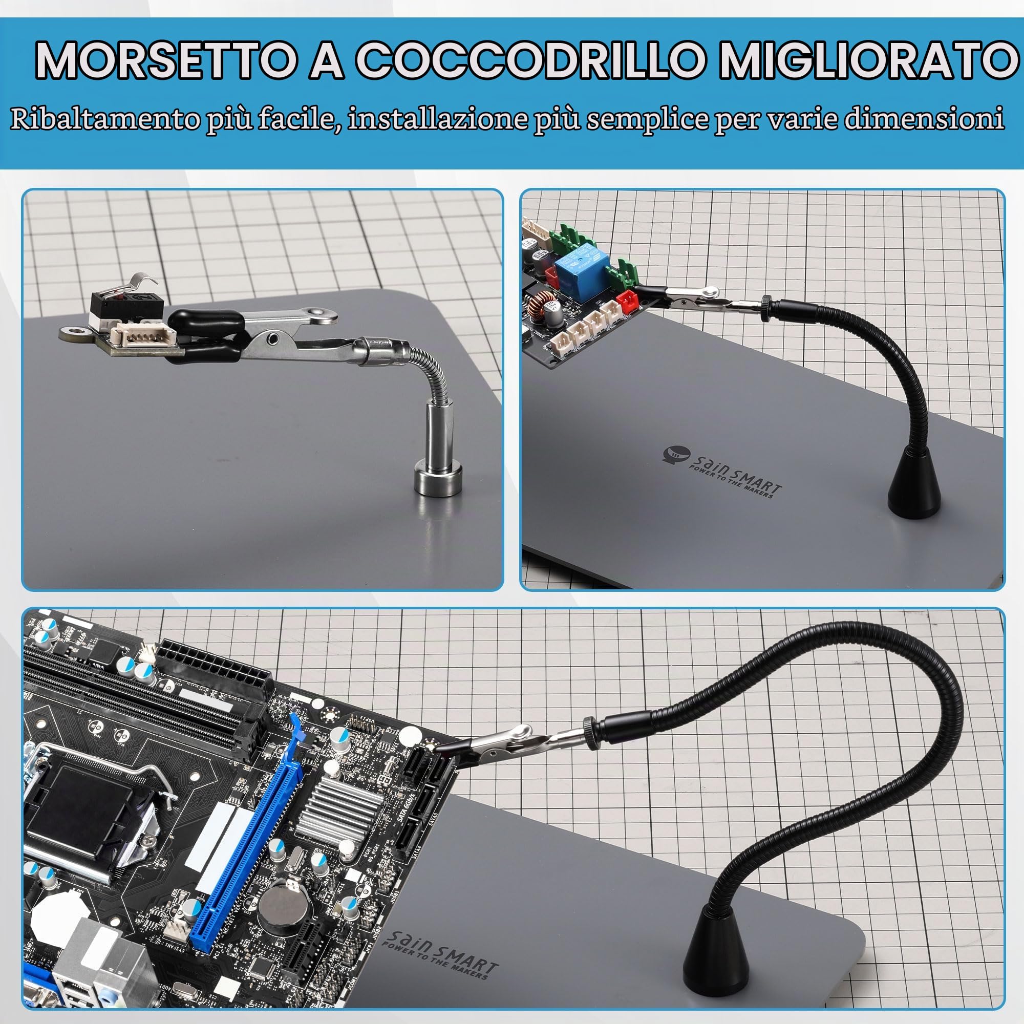 Sainsmart Supporto per saldatura PCBH v2, Stazione di saldatura magnetica, nuovo saldatore e mini porta clip, ingrandimento 5x LED integrato, 6 bracci a collo d'oca regolabili