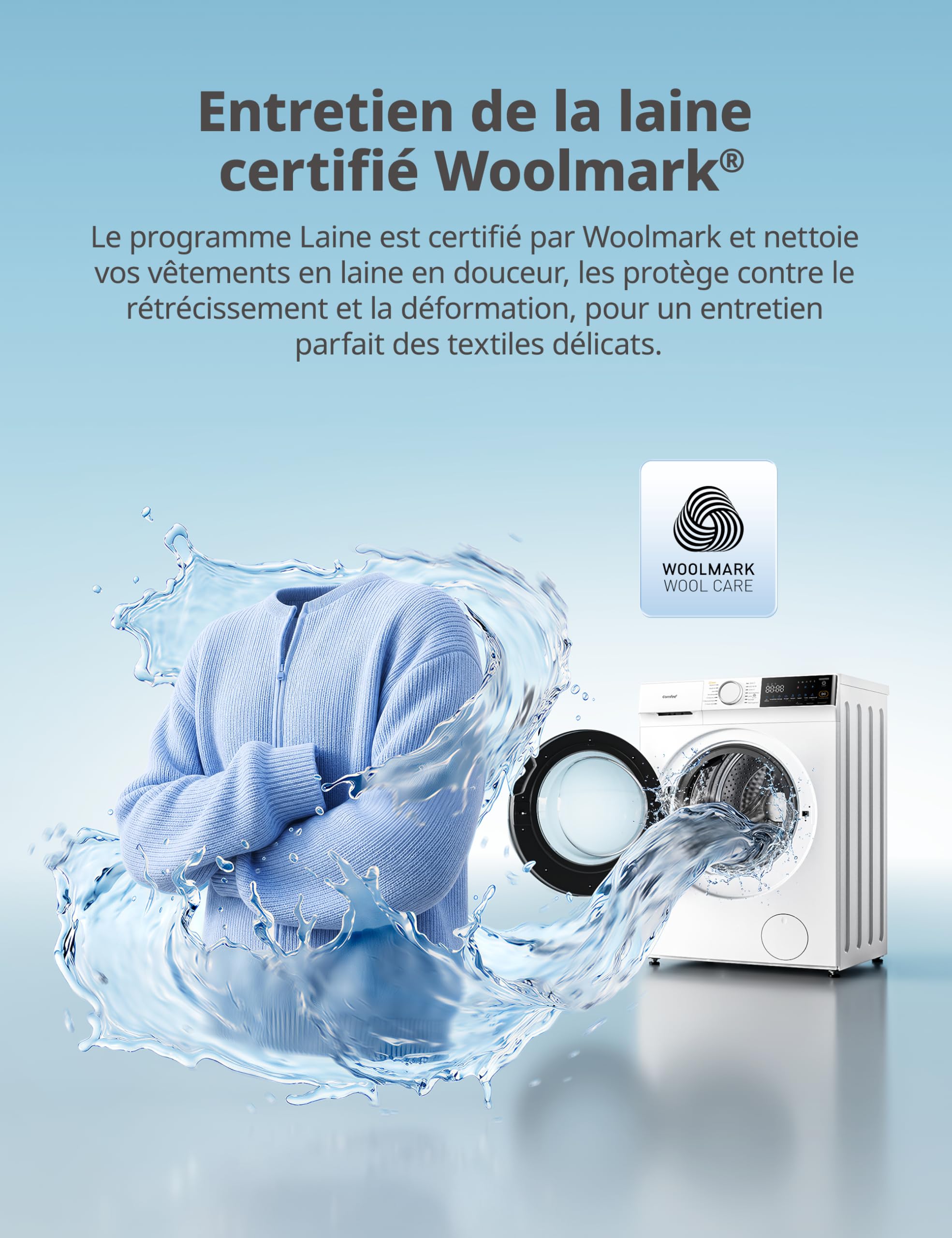 COMFEE' Lave Linge 10kg Classe énergétique A-30% 14 programmes Lavage intelligent contrôlable à distance Élimination des poils d'animaux Parfum+ Blanc