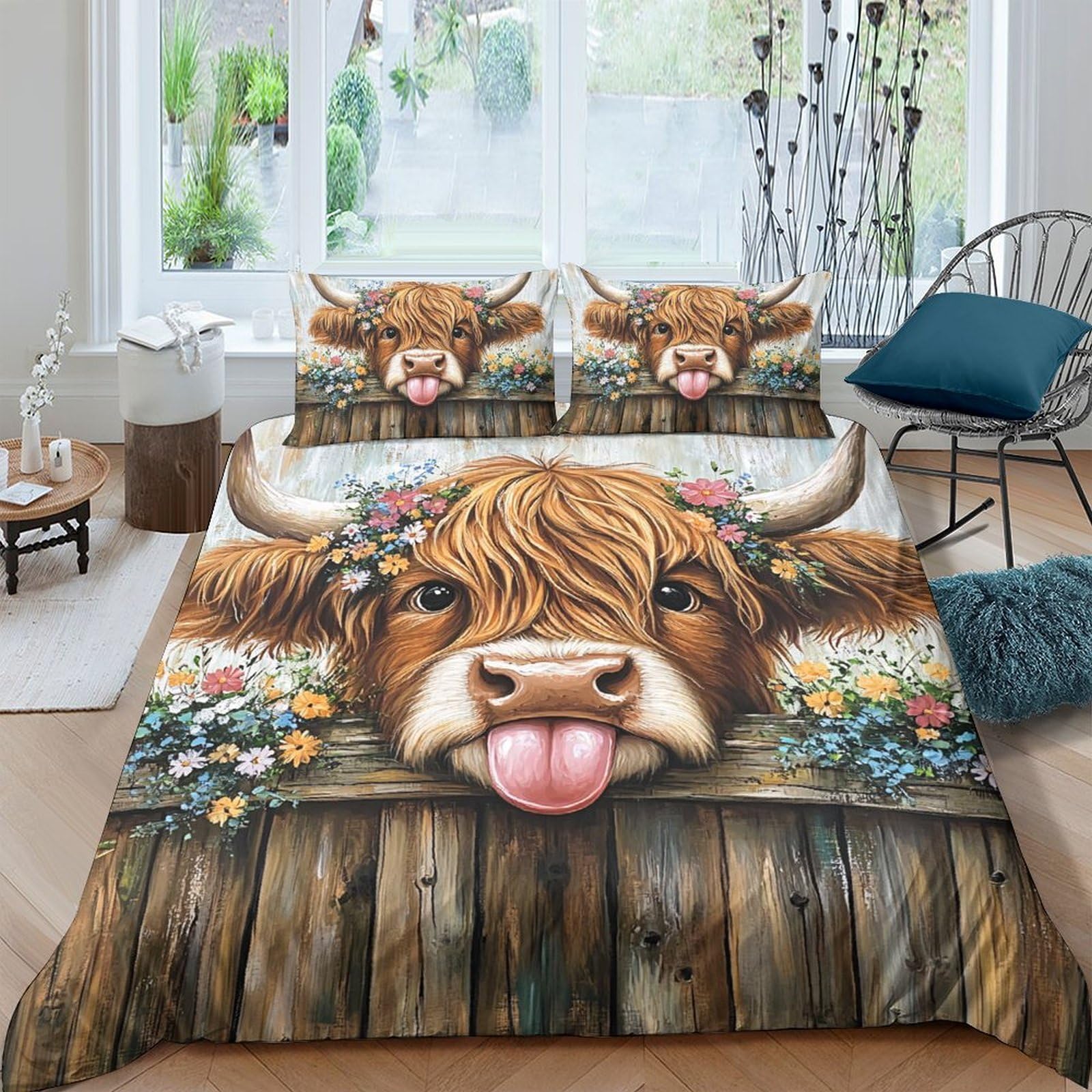 Ctjqhvkz Style-7 3D Printed Highland Cow Fitted Sheet Microfiber Farm Fence Mattress Cover Bedroom Decor Anti-Slip Easy Care Single（135X200cm）