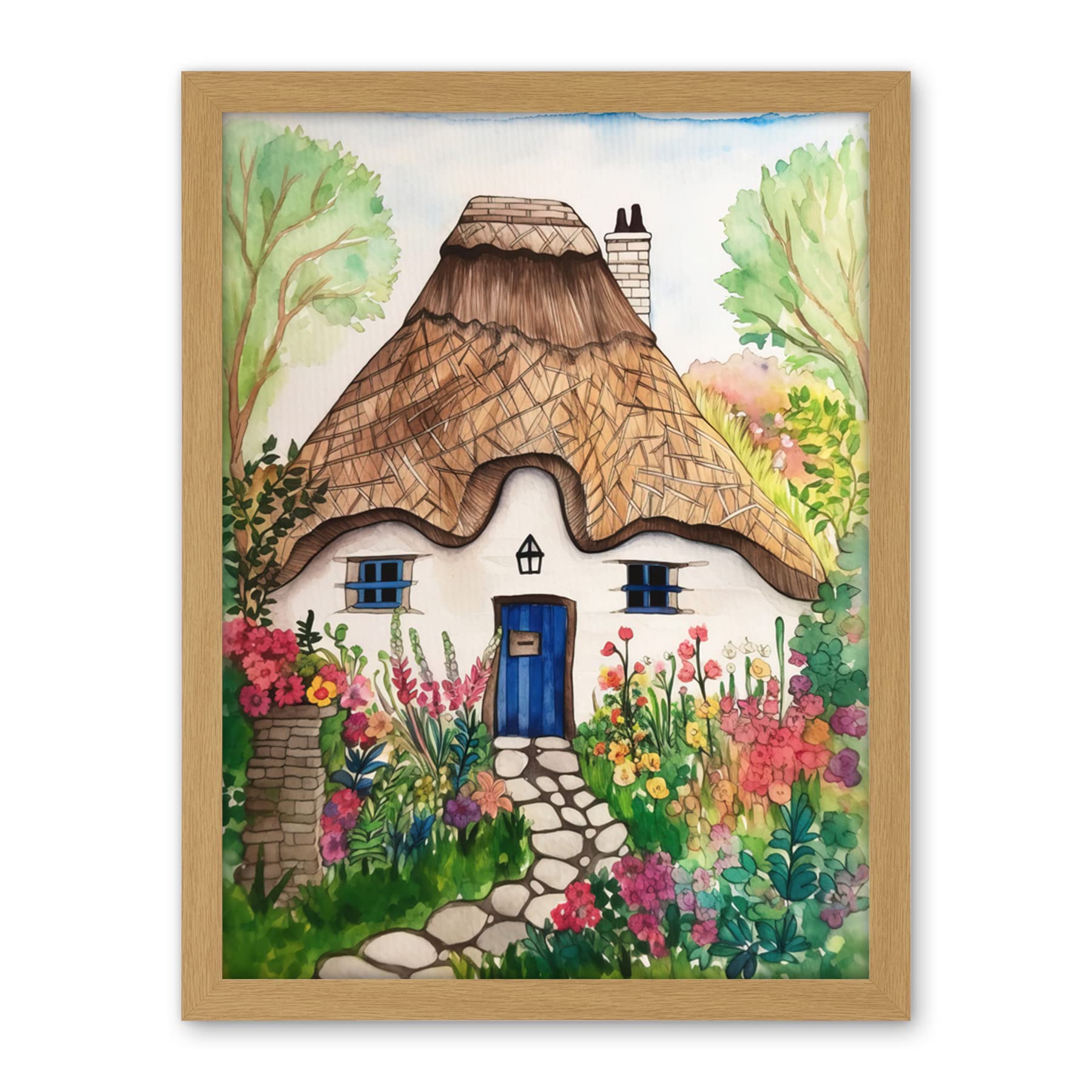 Artery8 The Cottage In The Forrest Flowers Folk Art Artwork Framed Wall Art Print 18X24 Inch