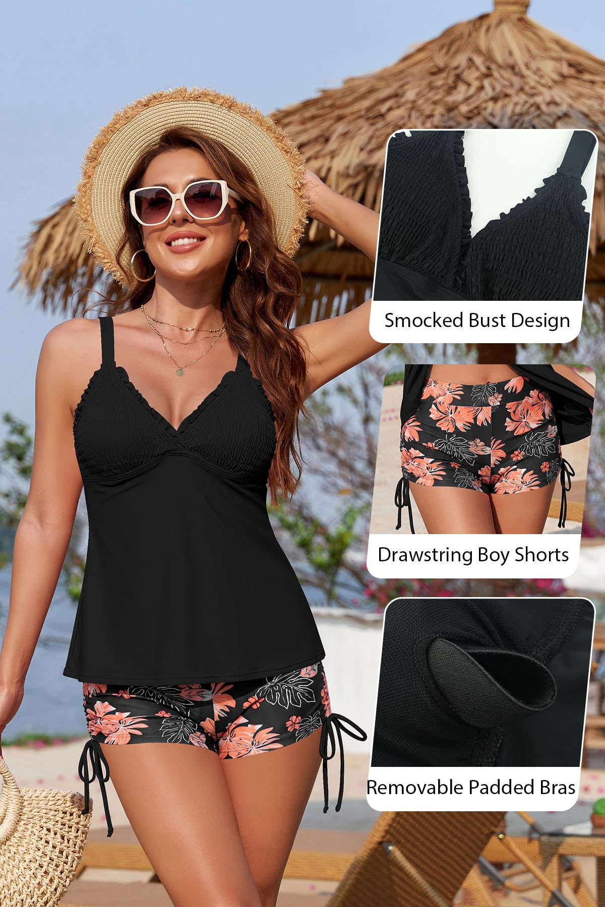 SHEKINI Ensemble tankini froncé pour femme - Col en V - Dos nu - Maillot de bain deux pièces avec taille haute - Tailles S à XXL