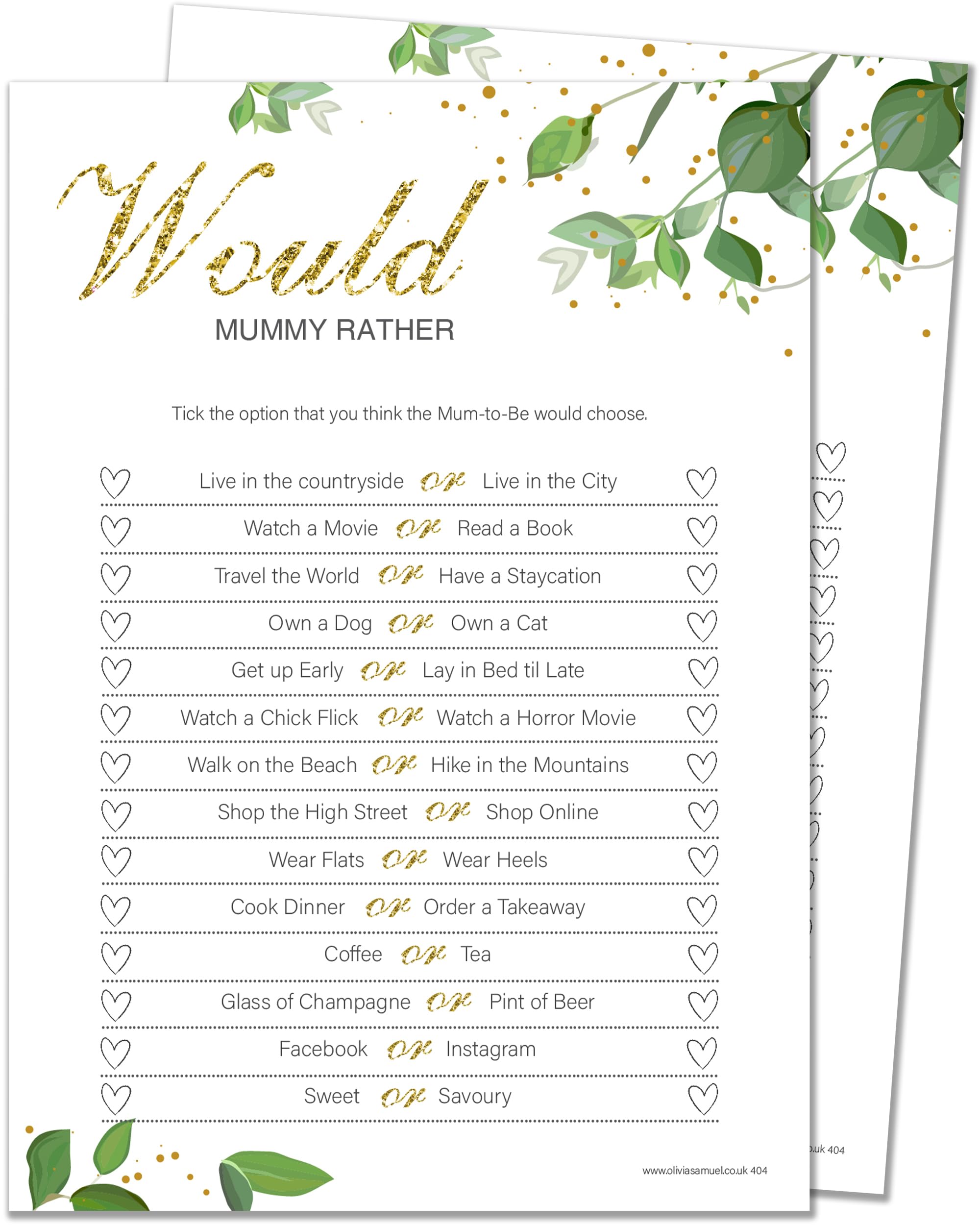 Olivia Samuel20 x Would Mummy Rather Baby Shower Game from Botanicals Design (20 Guest Cards + 1 Card of Answers for The Host + Winner Certificate)
