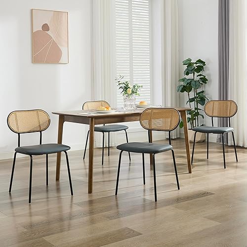 Miniatura 4 de TYBOATLE Juego de 4 sillas de comedor de ratán, sillas de comedor bohemias de cuero negro, sillas de comedor modernas de mediados de siglo, silla