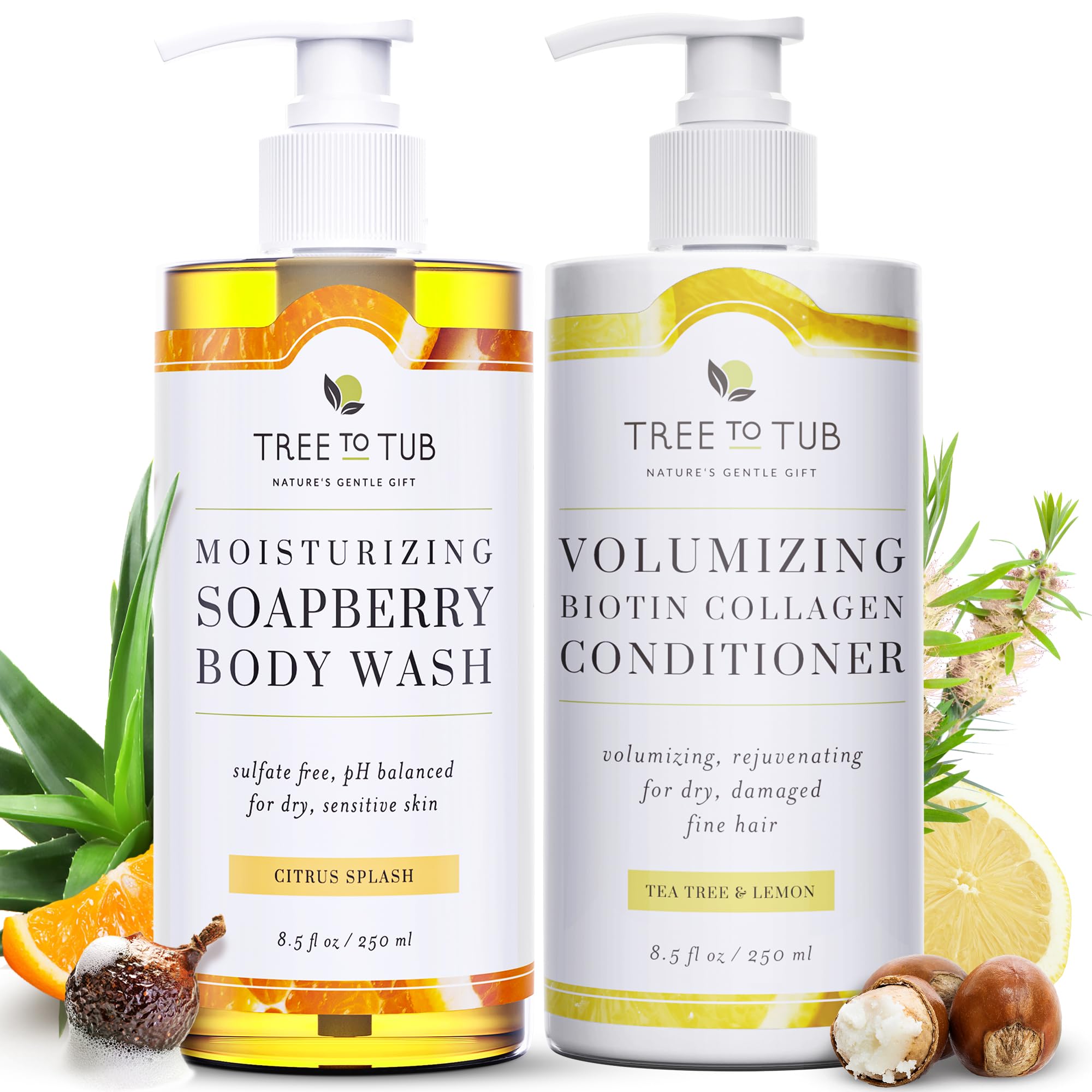Tree to Tub Citrus Body Wash for Dry Skin Sensitive Skin Vegan Biotin and Collagen Conditioner for Dry Damaged Hair pH Balanced Moisturizing Body Wash Volumizing Fine Hair Conditioner