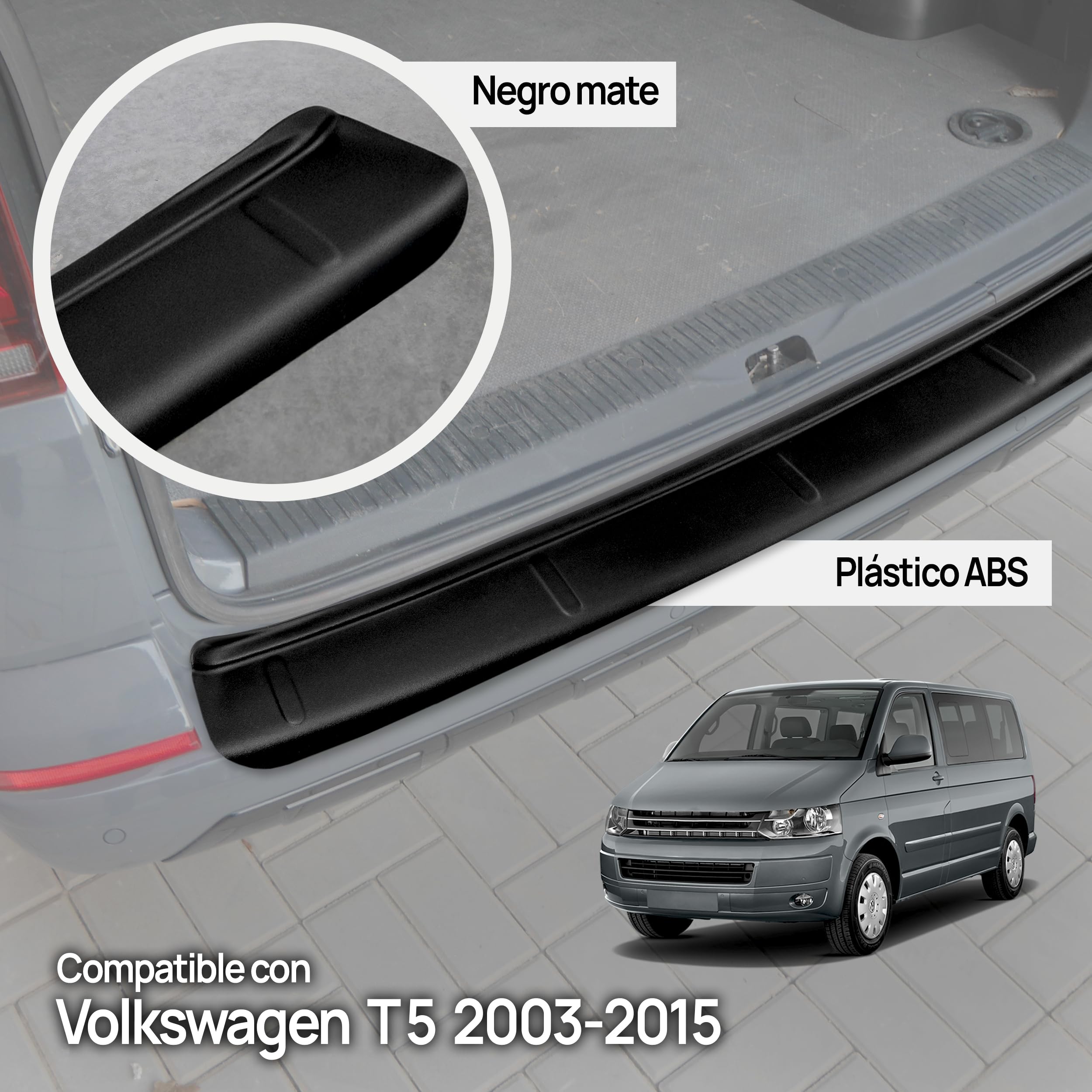 CHROMEMASTER | Protector de Parachoques Compatible con VW T5 2003-2015 | Plástico ABS, Negro Mate | Tira Protectora Protege la Pintura del Parachoques Trasero de Daños