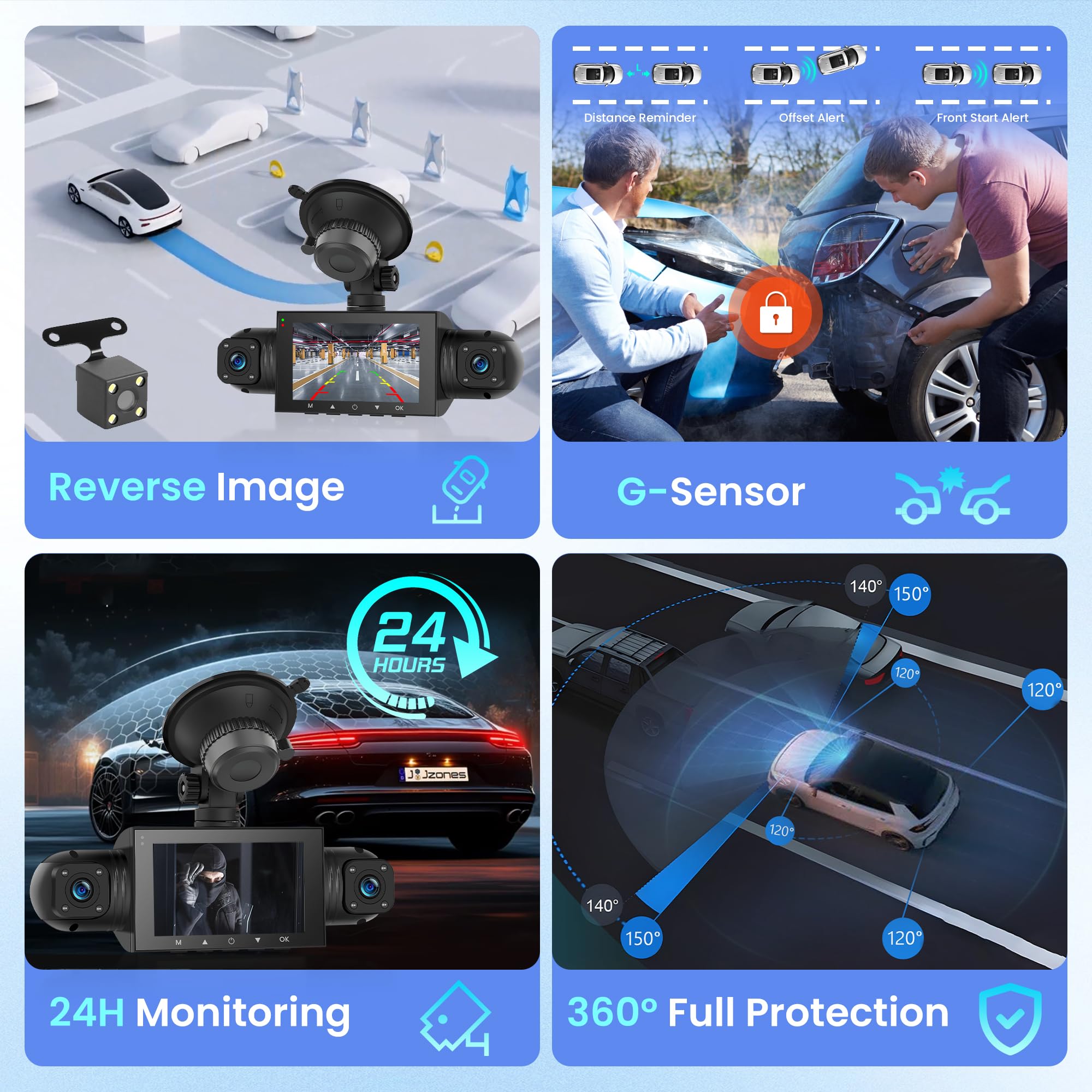 Rimoody Dashcam para Coche 4 Canales 360°, 3 Pulgadas Pantalla IPS, Visión Nocturna, Cuatro Cámaras, Detección de Gravedad, Monitoreo de Estacionamiento, Grabación en Bucle, Compensación de Exposición
