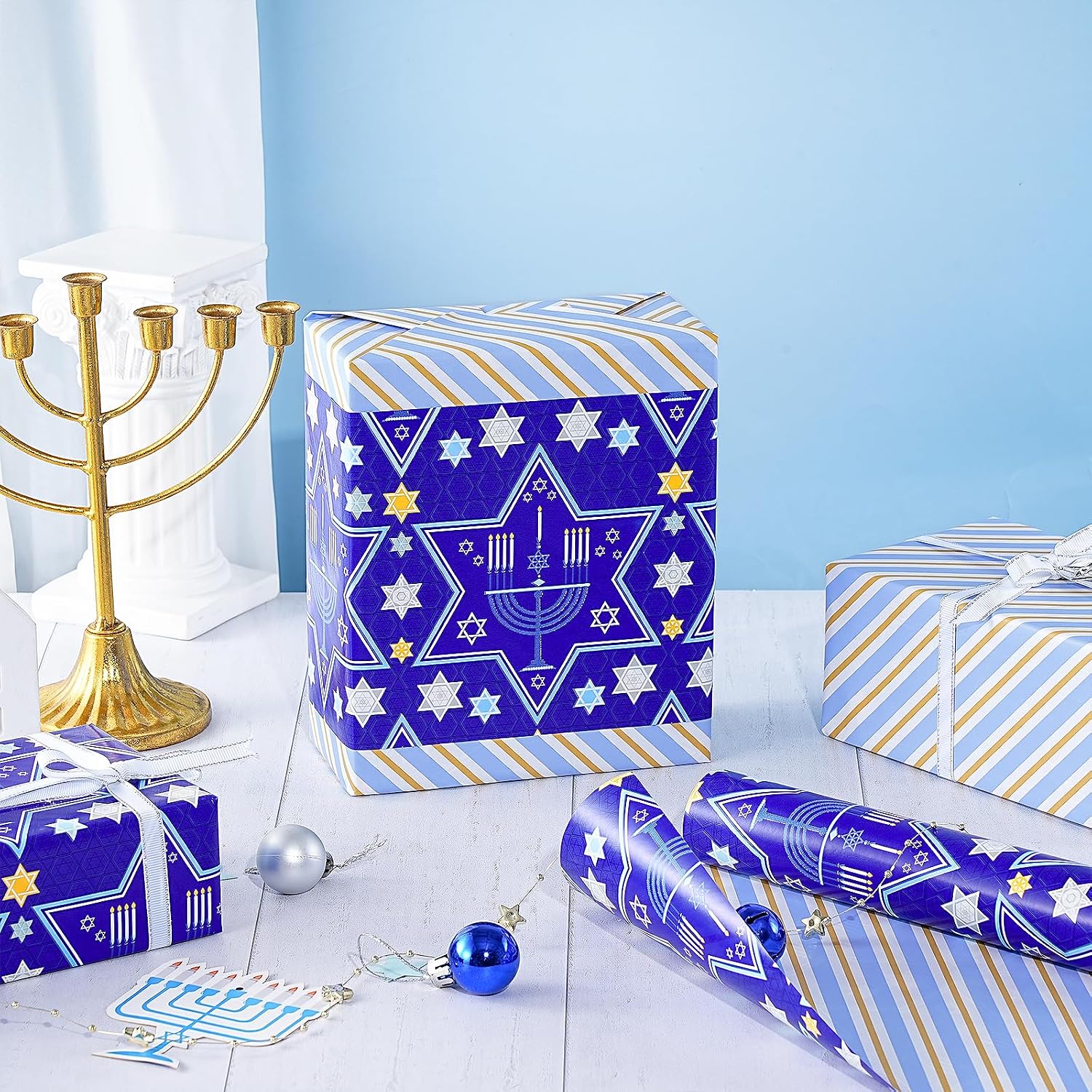 RUSPEPA Christmas Reversible Wrapping Paper Roll, Jumbo Roll, Blue Star of David and Menorah Design, Blue Gold Diagonal Stripe Pattern Gift Wrap for Christmas, Hanukkah Gifts, 30 Inches x 32.8 Feet