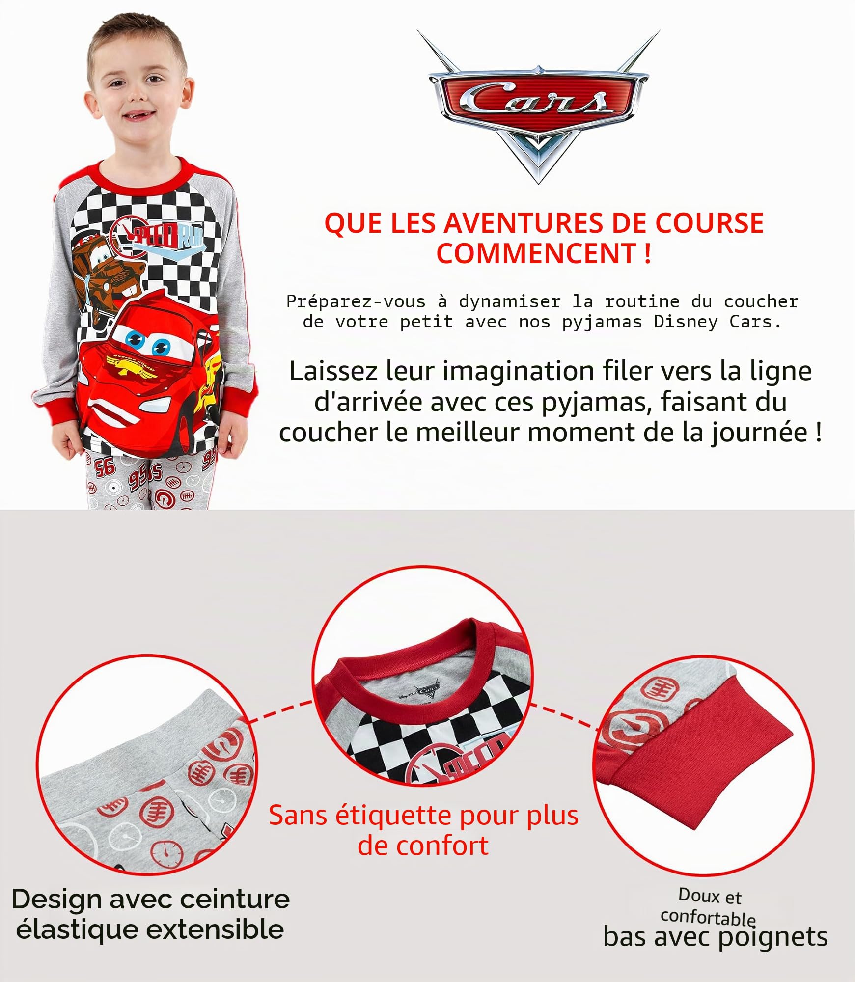 Disney Pyjamas Cars Pyjamas Enfants pour garçons Lightning McQueen | Ensembles à Manches Longues pour Enfants | Vêtements de Nuit en Coton