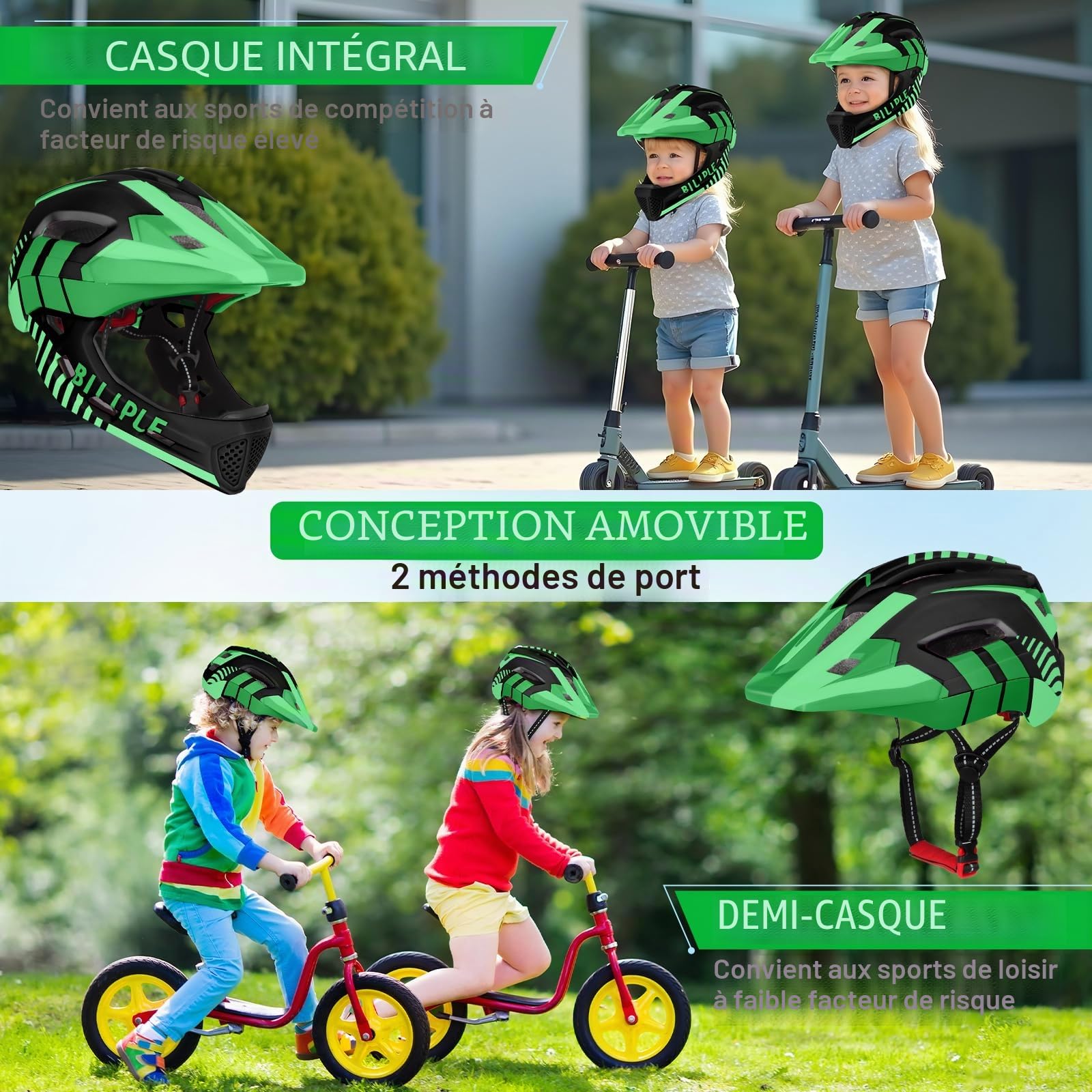Casques de Vélo Enfants Casque Intégral avec Détachable Menton Protection Garçon Fille Casque Enfant Velo pour Vélo Skateboarding Roller Skating roulettes