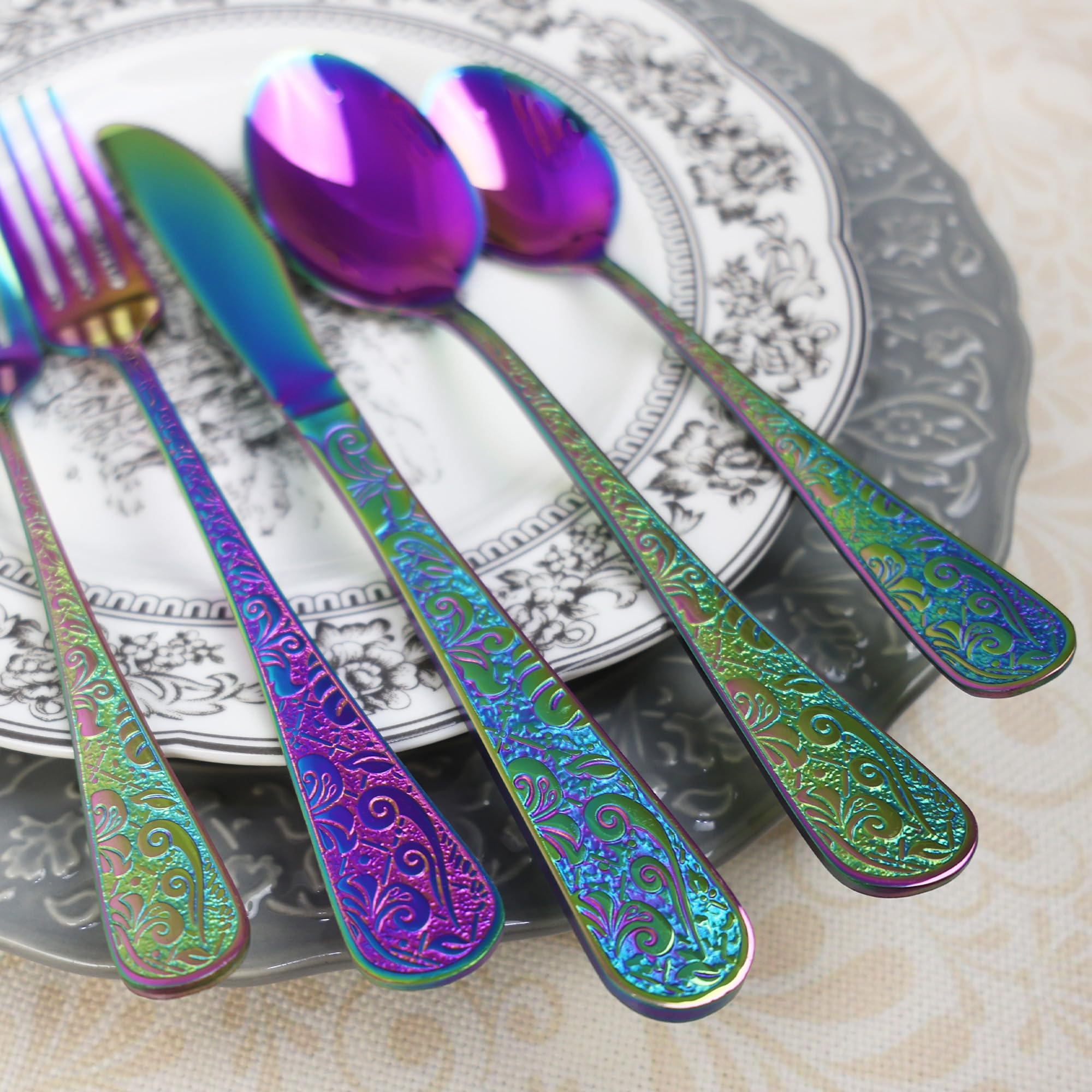 Runfly Vintage Carved Rainbow Stainless Steel 20 Pieces Flatware Set, Colorful Silverware Set, Modern Embossed Cutlery Set Utensils Including Fork Spoon and Knife
