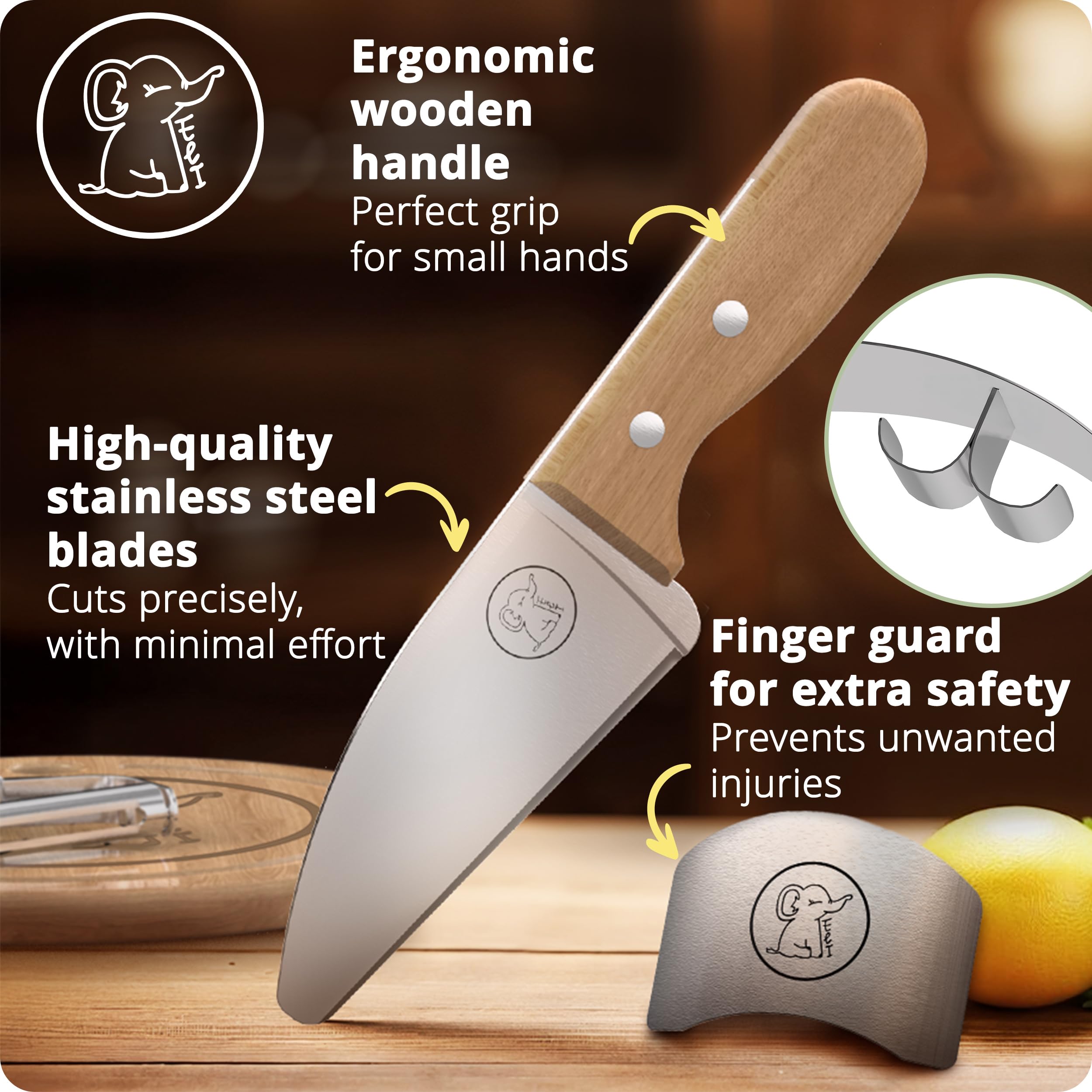 Eli® Cuchillos para niños - juego de cuchillos de cocina para niños seguro y de 5 piezas - incluye protector de dedos - pelador - tabla de cortar - acero inoxidable