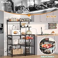 Vista 7 de Aheaplus - Estantería de cocina con toma de corriente y luces LED, soporte para microondas con cesta de alambre, mesa de isla para estación de café