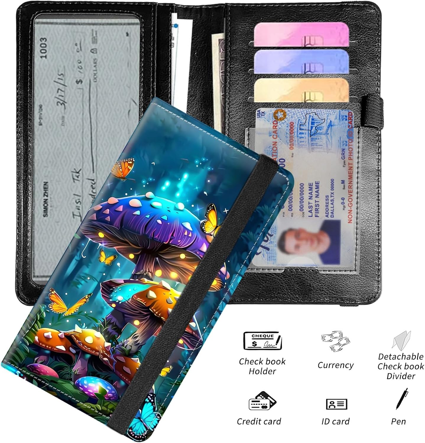 Leather Checkbook Covers for Personal Checkbook Check book Holder Cover Wallets for Women Men,RFID-Blocking Slim Checkbook Cover for Duplicate Checks with Elastic Strap,Glowing Mushroom image 4