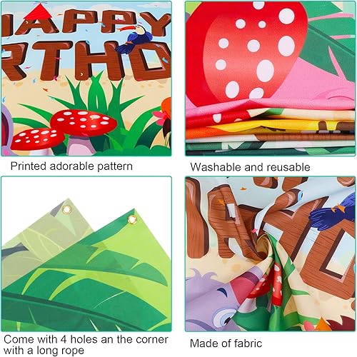 Miniatura 3 de HOWAF Cartel de tela de feliz cumpleaños para decoración de fiestas temáticas de animales de la selva, decoración de fondo de pared para niños,