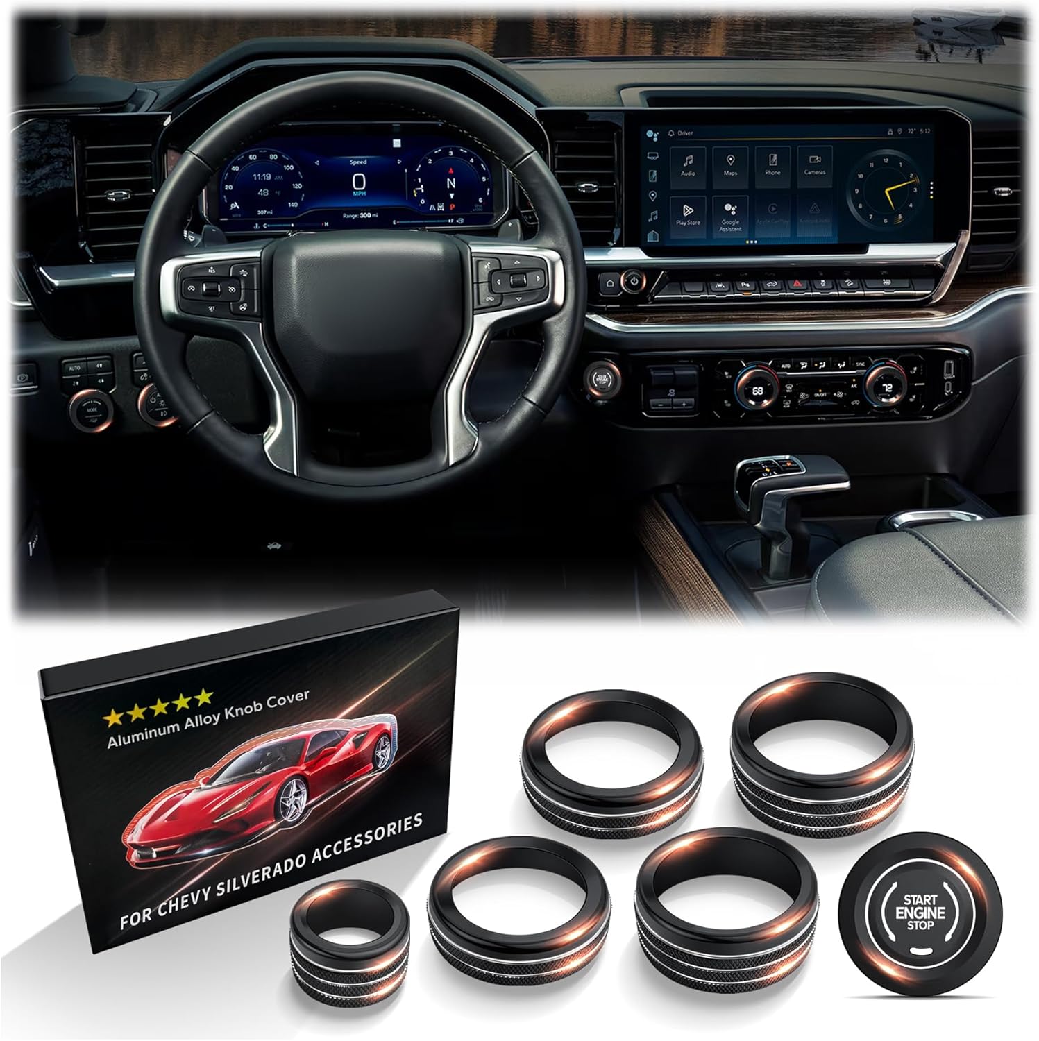 Polodunn for 2022-2025 2026 Chevy Silverado 1500 Accessories & 2024-2025 Chevrolet Silverado 2500HD/3500HD, 7pcs Aluminum Alloy Knob Cover Trim Kit (Red) - Push Start, AC, Volume, Headlight & Mode