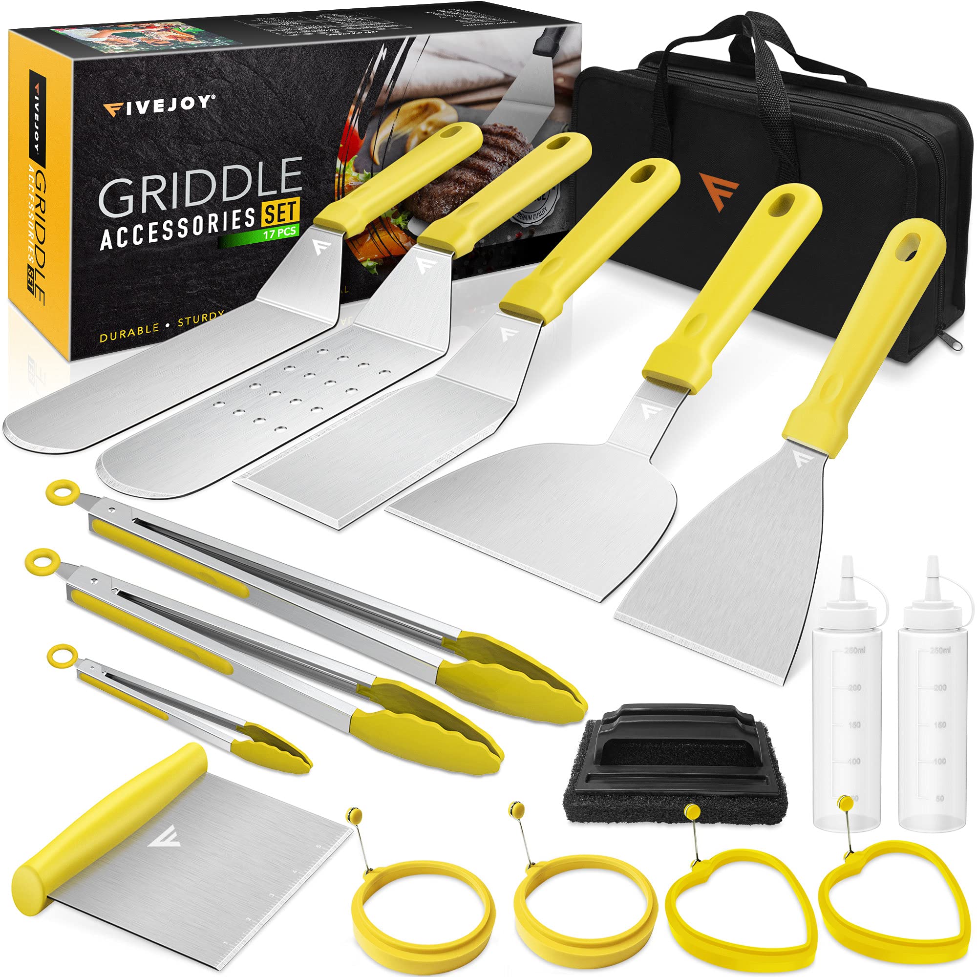 FiveJoyGriddle Accessories Kit for Camp Chef BBQ Tools, 17 PCS Flat Top Grill Accessories Set with Griddle Cleaning Kit and Carrying Bag Metal Spatula, Sc, Egg Rings for Outdoor BBQ, Camping
