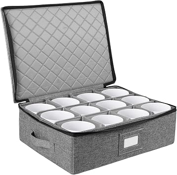 Mug Box with Dividers, Kitchen Mug and Cup Box China with Lid and Handles, Holds 12 Coffee Mugs, Tea Cups, Stackable Coffee Mugs Organizer for Moving & Packing