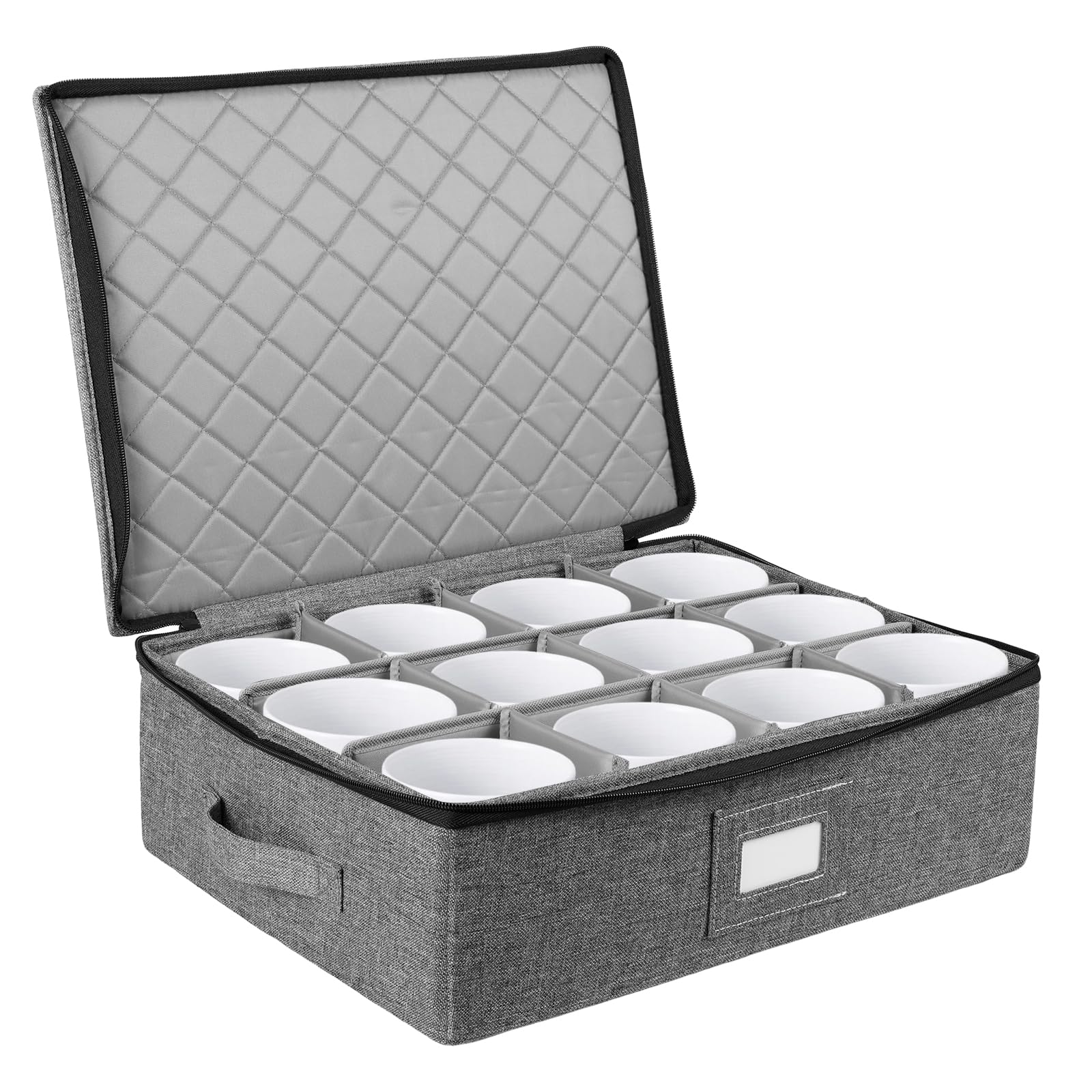 Jokapy Grey Mug And Cup Storage Box With Dividers Stackable China Storage Containers Holds 12 Glassware, Coffee Mugs & Tea Cups, Foldable Coffee Mug Organizer With Label And Handles For Moving & Organization