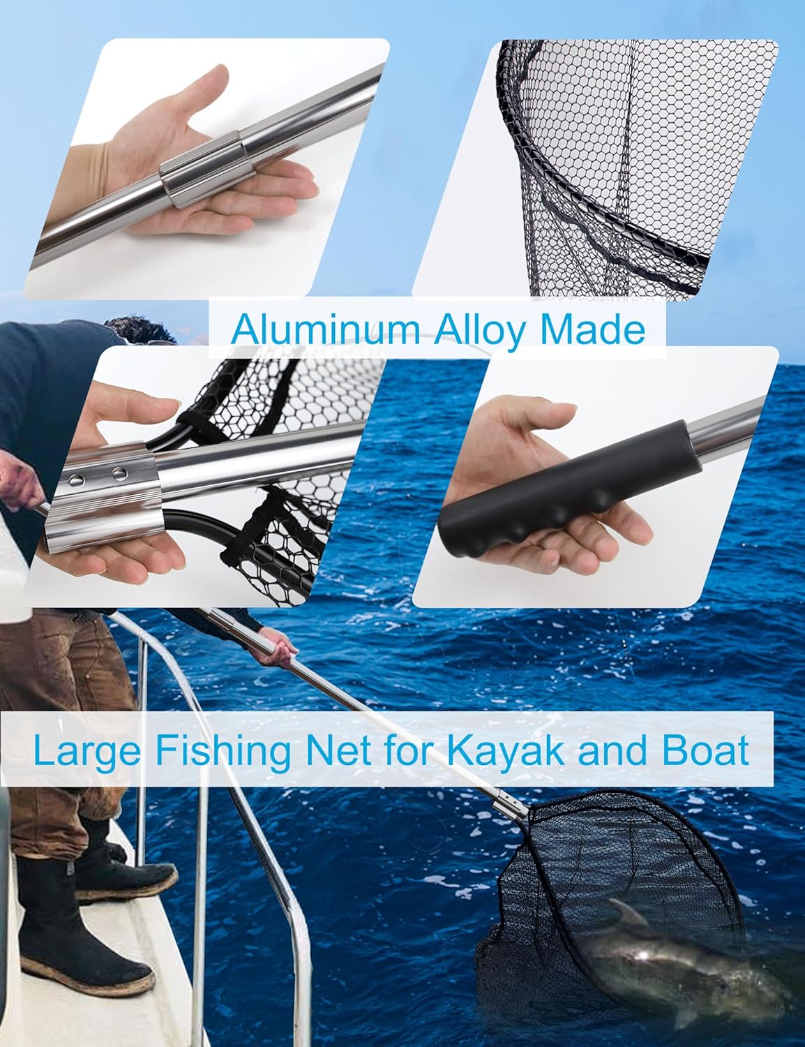 Large Rubber Fishing Net Heavy Duty Extra Large Landing Net with Telescoping Handle, Saltwater Aluminum Fish Net with 6pcs Jig Swimbait, Extends to 72-94in, Depth 27.5in