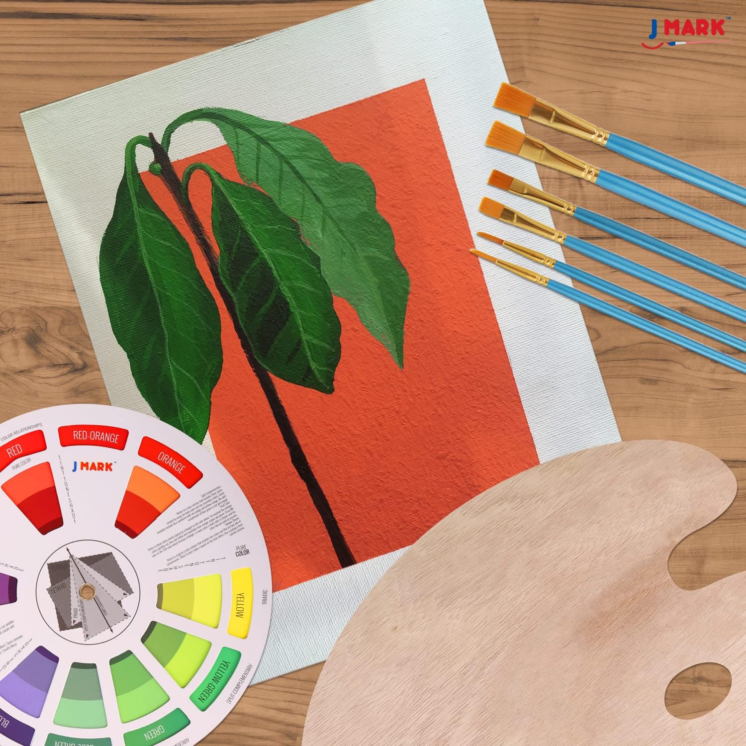 J MARK Canvas and Paint Set -39 Canvas Paint Set Includes 24 Acrylic Paints, 3 Canvas, Brushes, Wood Palette, Table Easel, Color Wheel, Spatula -Art Supplies for Beginners -Gift or Date Night Activity