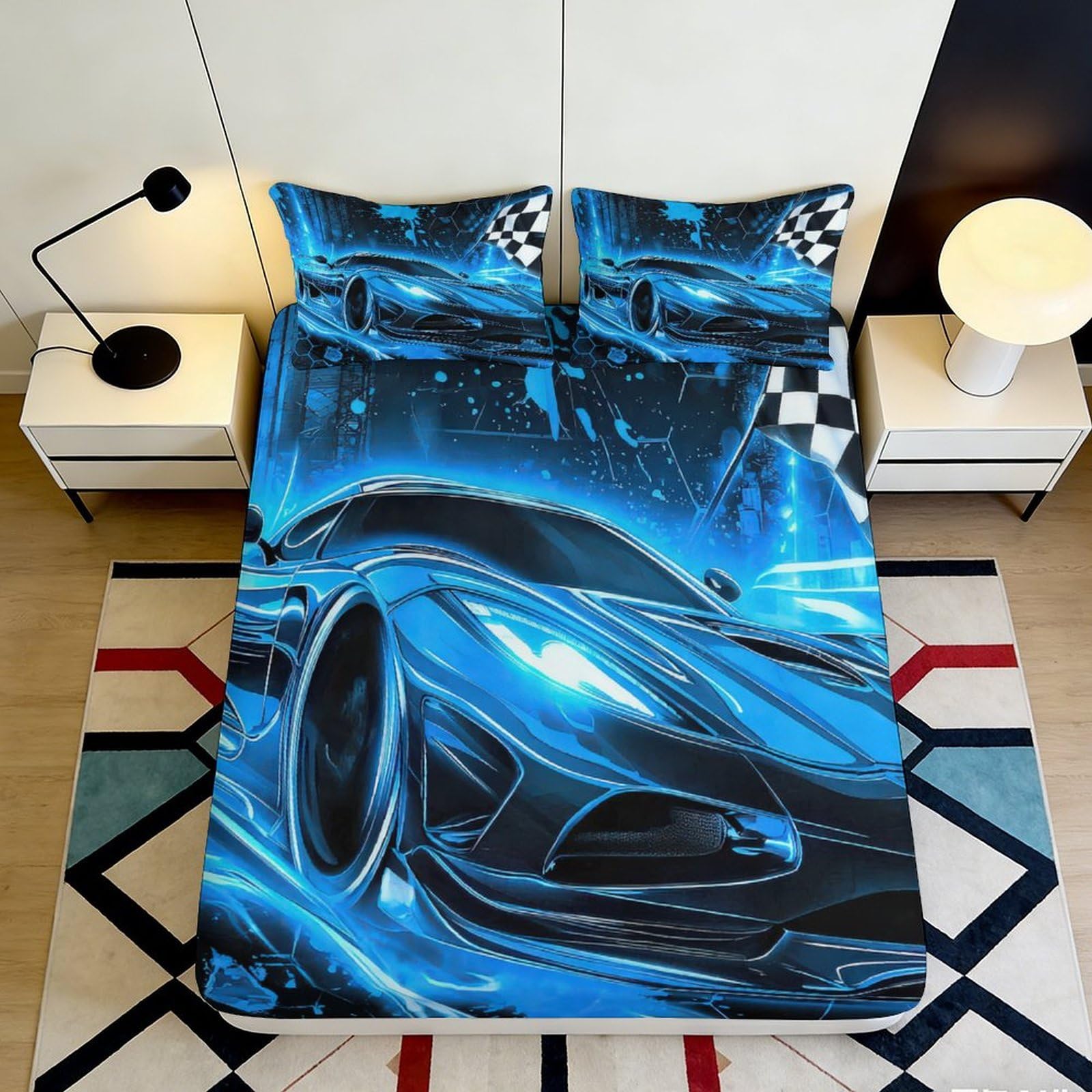 3D Printed Racing Car Fitted Sheet Microfiber Deep Pocket Non-Slip Bedroom Bedding Racing Car Mattress Fitted Cover for Adults Teens 120x200x25cm