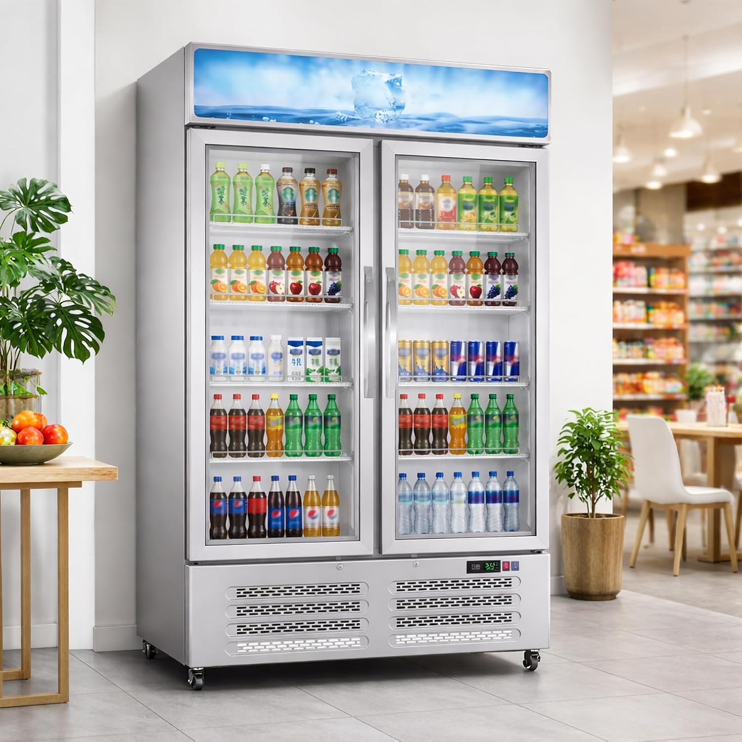 Commercial Refrigerator, 25.3 Cu Ft Commercial Merchandiser Refrigerator, Upright Beverage Display Cooler with 2 Glass Door and LED Light, Large Business Cooler for Home Restaurant Grocery Stores