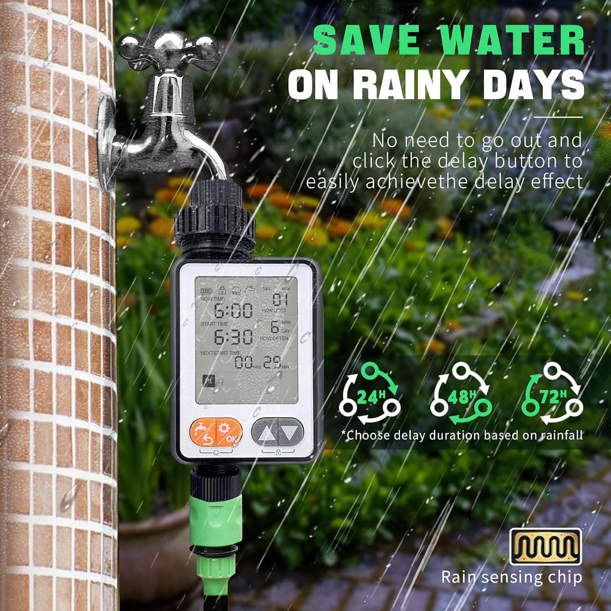 Temporizador de agua para manguera de jardín, 10 temporizadores programables con retardo automático de lluvia, IP54 resistente al agua de 3.3 pulgadas, temporizador de sistema de riego por goteo LCD