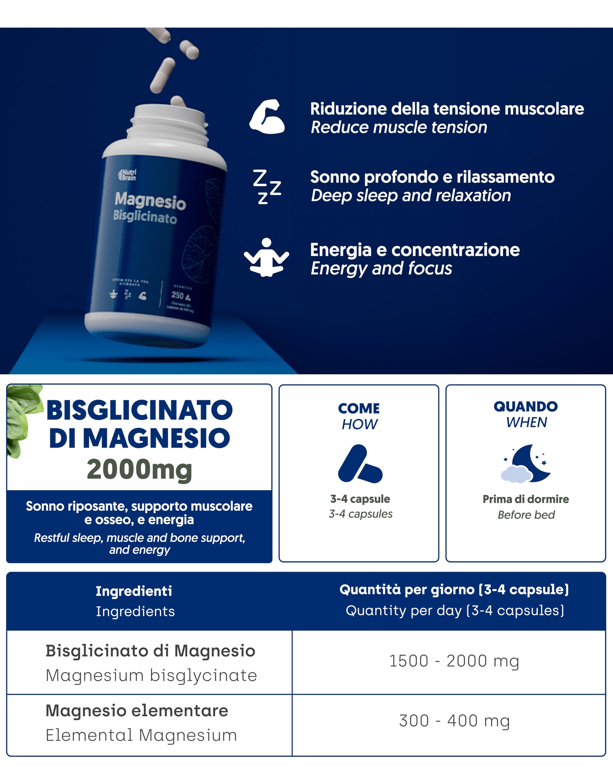 Magnesio Bisglicinato 2.000mg - Dose XXL (250 Capsule) | Forma Chelata: Sonno Ristoratore, Energia, Supporto Osseo e Muscolare, Concentrazione | Alta Biodisponibilità, Senza Effetti Lassativi