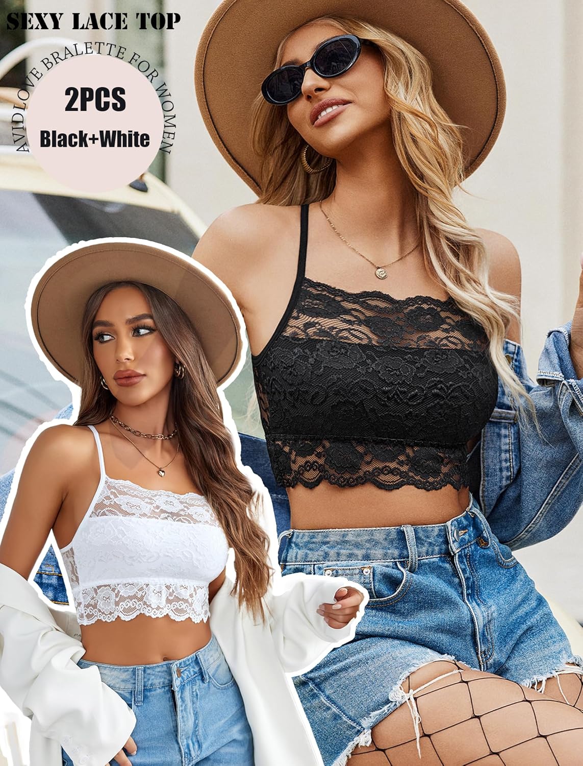Avidlove 2Pcs Lace Camisoles for Women High Neck Bralettes Racerback Adjustable Crop Top Lingerie - Image 3