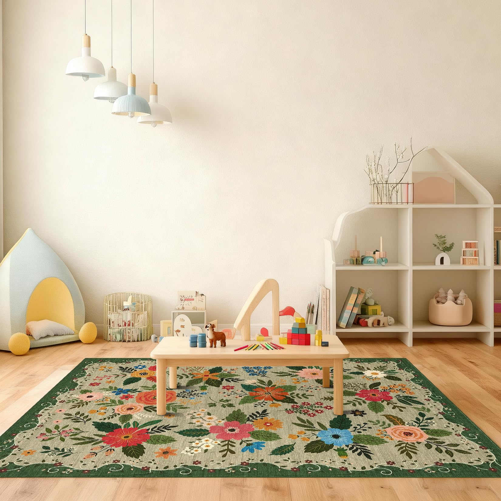FairyStyle Rugs Living Room Washable Floral Rug 80x150cm Green