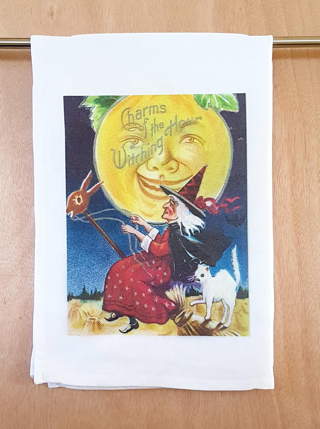 Tea Towel * Vintage Halloween Print * Old Witch Flying on Broom * Soft Microfibre Towel
