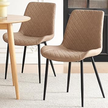 PU Leather Dining Chairs Set of 2, Modern Armless Dining Room Chairs, Comfy Upholstered Kitchen Chairs with Backrest, Black Metal Legs for Living Room, Dinning Room, Beige