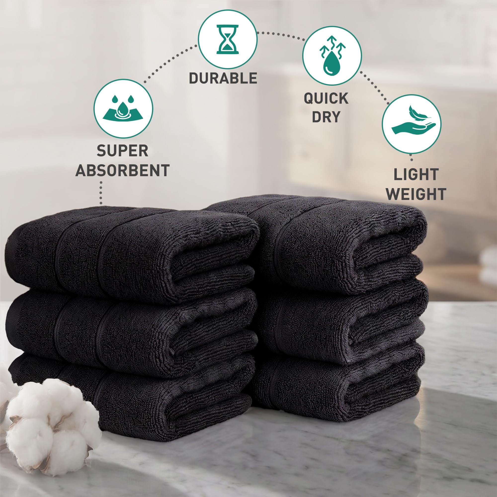 Juego de 6 toallas de mano de secado rápido | 100% algodón I Zero Twist |