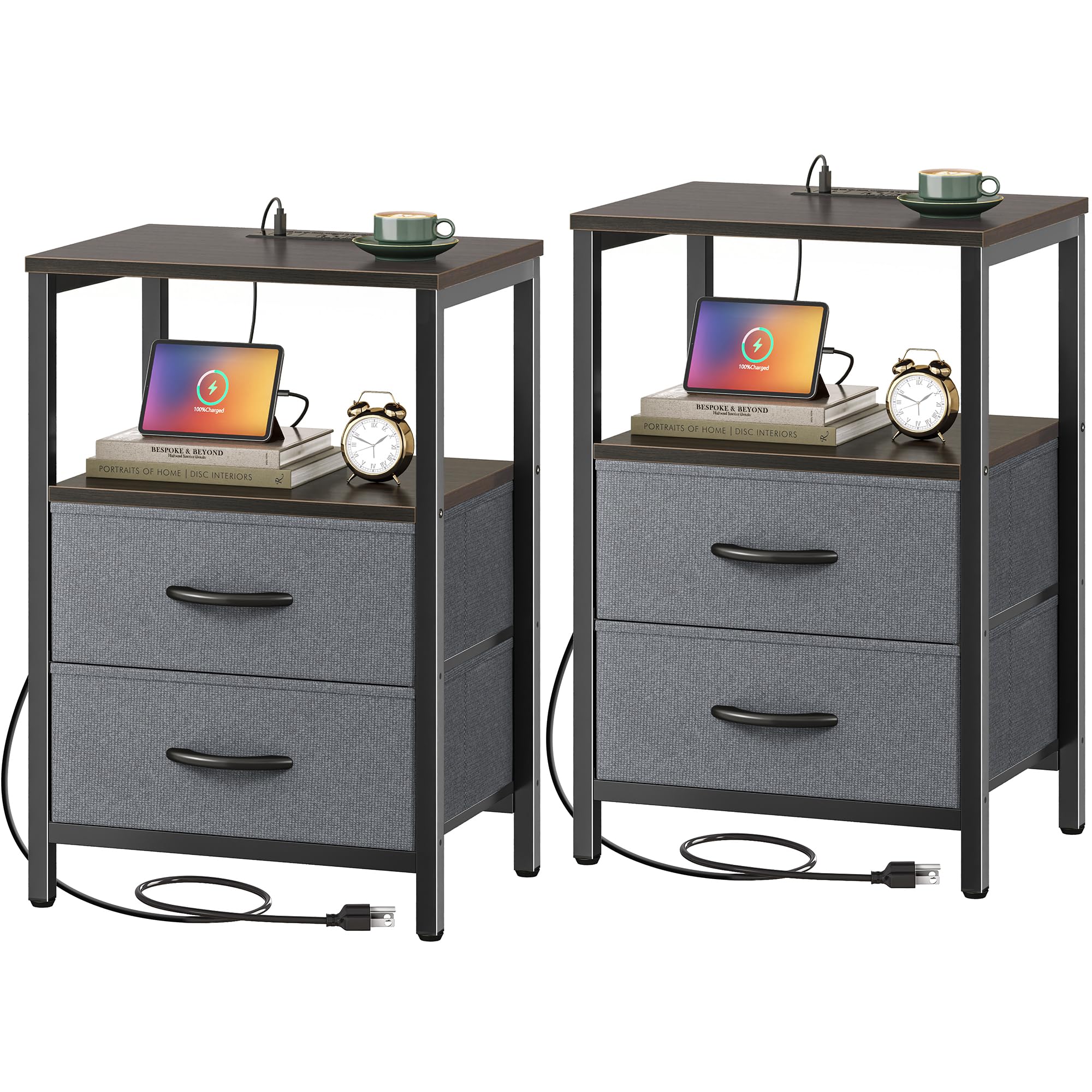 Huuger Nightstands Set of 2, End Tables with Charging Station, Fabric Drawers, Bedside Tables with USB Ports and Outlets, Night Stands for Bedroom, Walnut