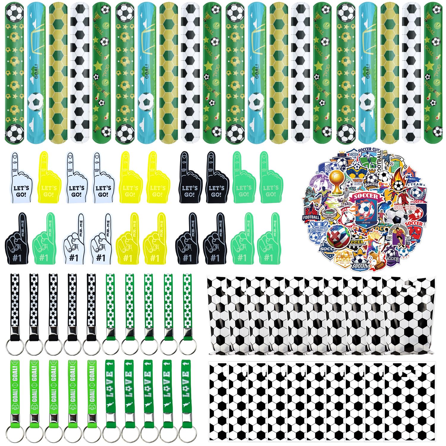 PTECDROTS 130PCS Soccer Party Favors - Incliding Soccer Keychains, Soccer Gift Bags, Slap Bracelets, Soccer Stickers, Sports Mini Foam Fingers for