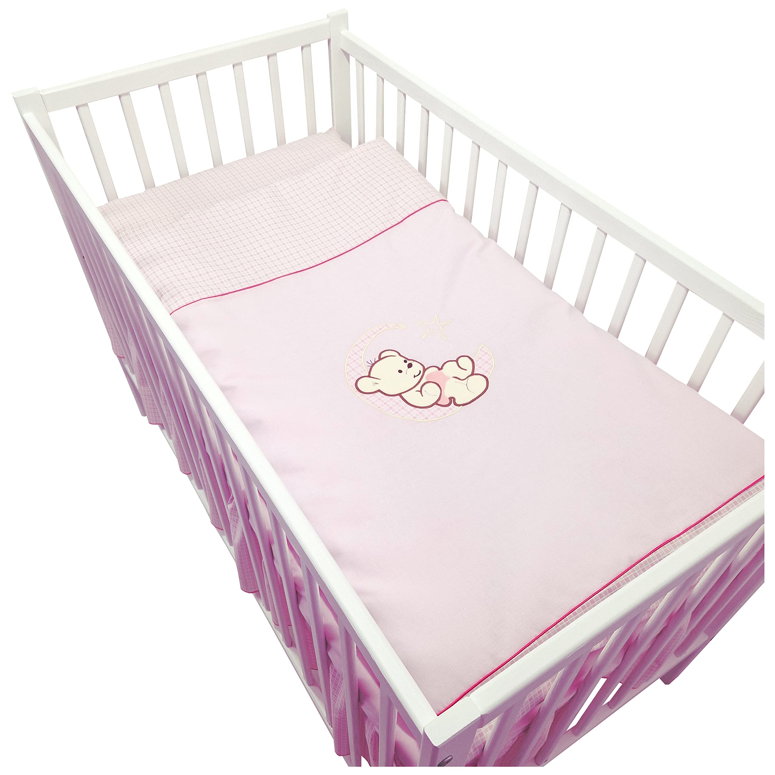 Set completo di 13 pezzi per culla e lettino Happy Leo incl. materasso regolabile in altezza per neonati e bambini in legno massiccio ricamato (Orsetto Luna Rosa)