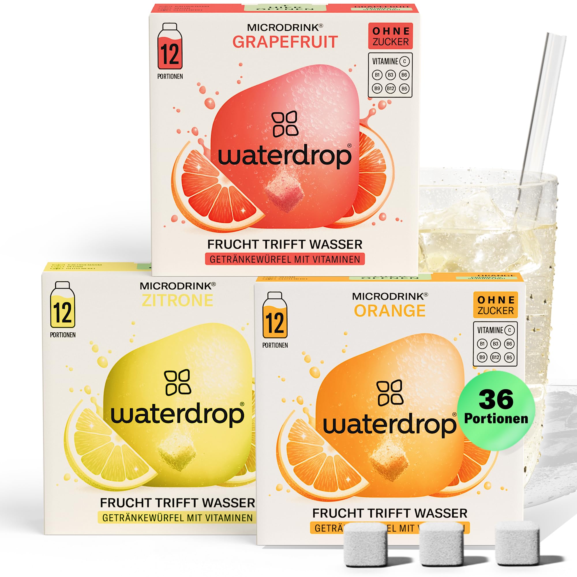 waterdrop® Microdrink Limonade: Orange, Zitrone, Grapefruit, 36 Drops Würfel, zuckerfreies Getränkpulver, 3 fruchtige Sorten, Frucht- und Pflanzenextrakten, mit wertvollen Vitaminen, Wasserzusatz