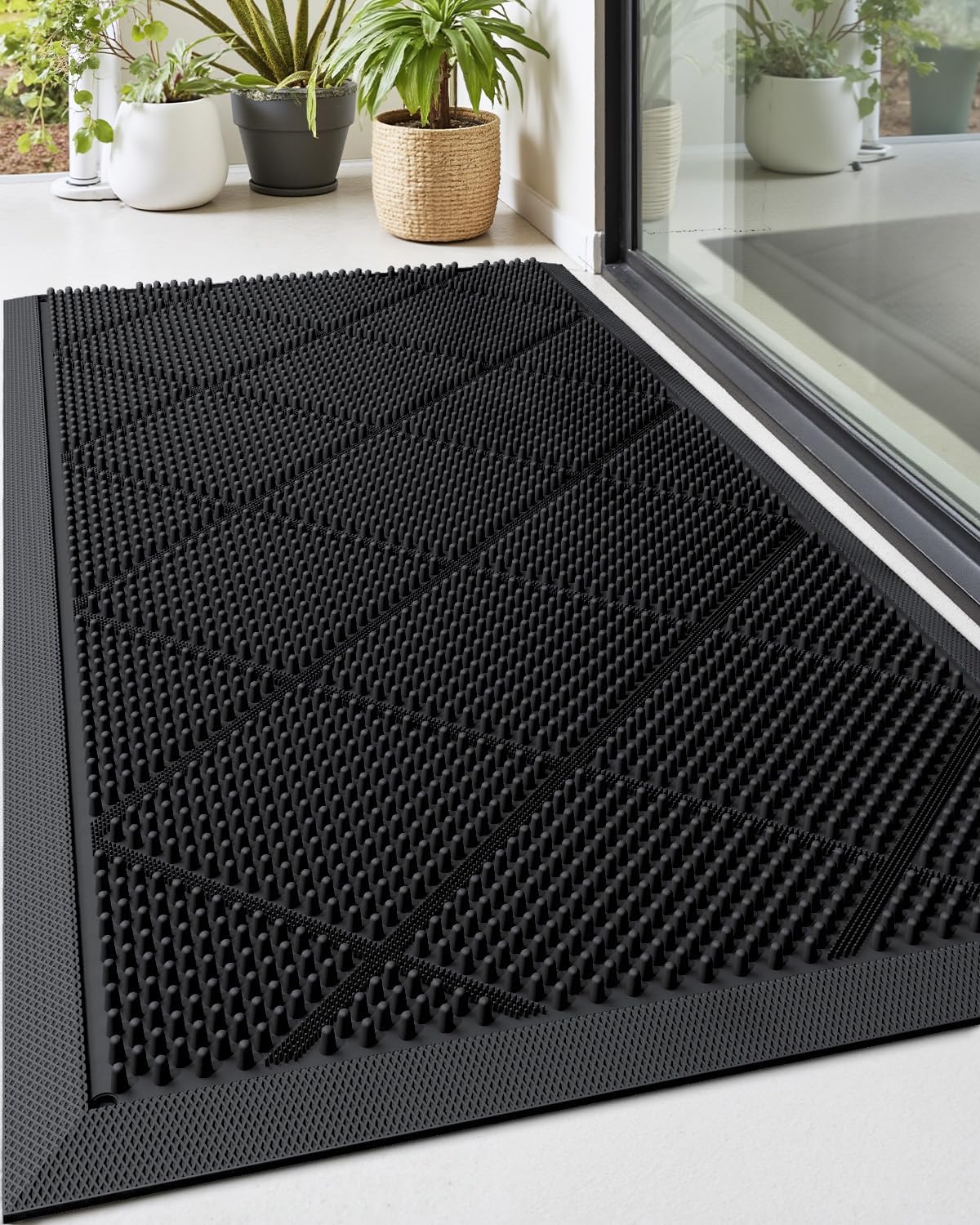 DEXI Front Door Mats Outside Entrance, 17x36 Rubber Waterproof Dirt Trapping Entry Mat for Entryway, Heavy Duty Non-Slip Low-Profile Welcome Doormat All Weather for Patio, Black 1'5" x 3' (Rectangular) Black