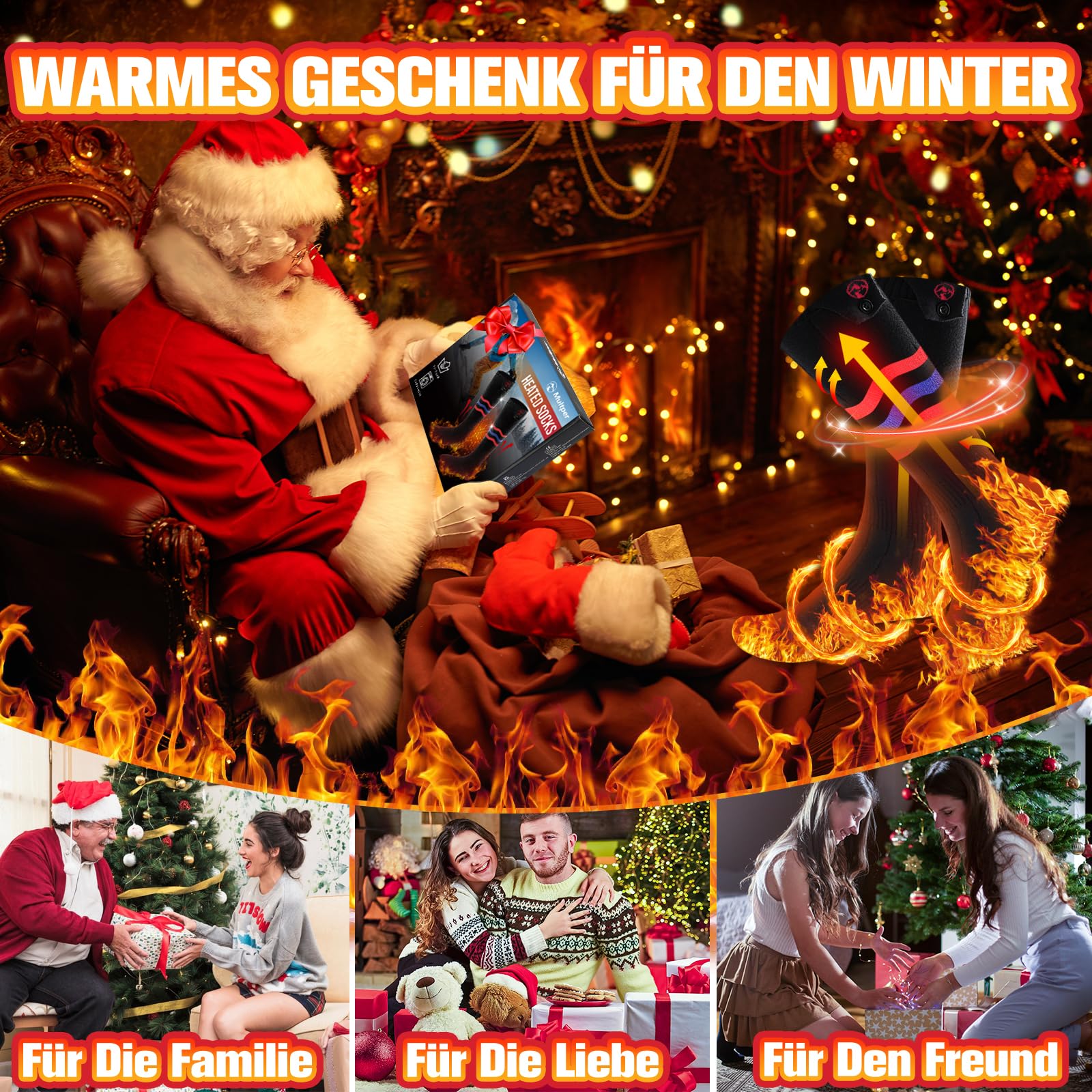 Multper Beheizbare Socken Damen Herren, 5V 5000mAh Wiederaufladbare Heizsocken, 3 Heizstufen Beheizte Socken, Fußwärmer Warme Socken für Outdoor Skifahren Radfahren Winter Camping Wandern